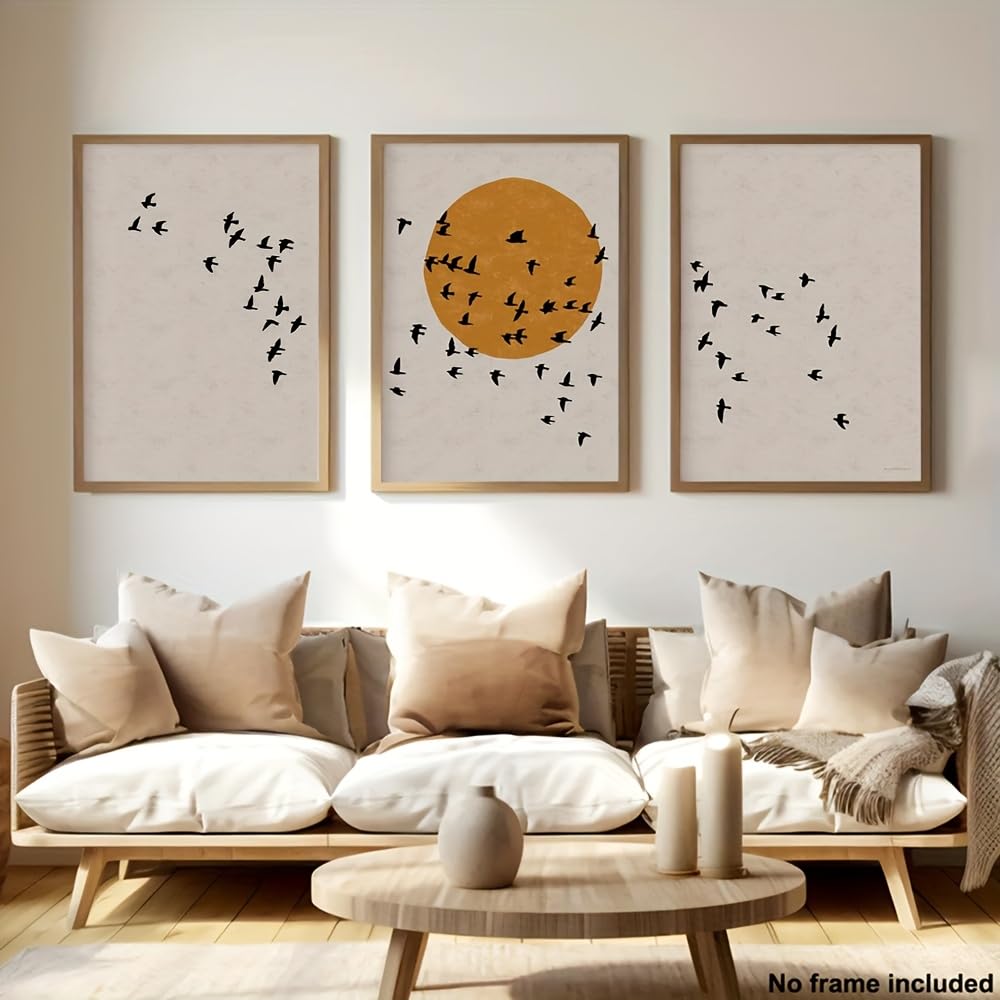 TZKBDMA Set di 3 quadri decorativi con sagome di uccelli e alba su sfondo grigio, ideali per la camera da letto (75x110 cm x 3 / Senza cornice)