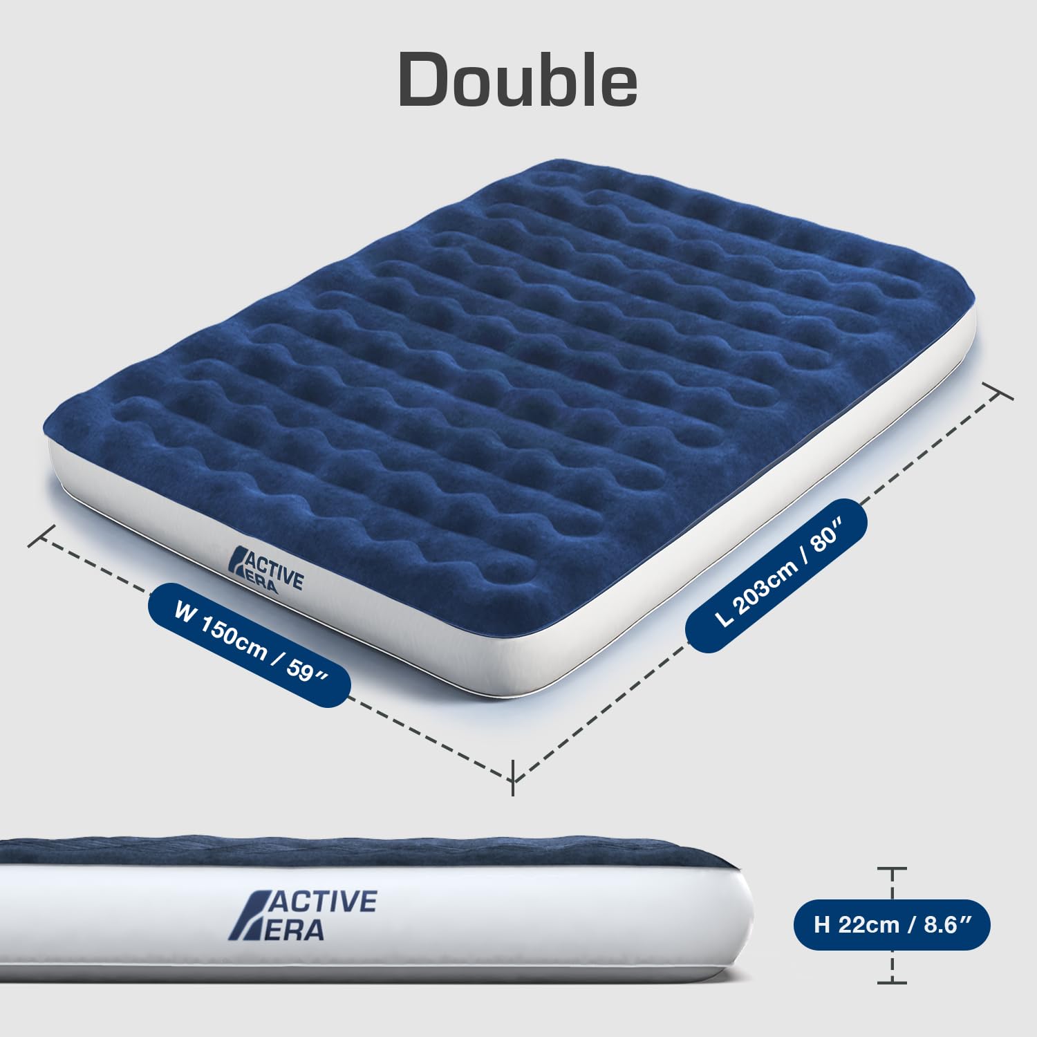 Active Era Matelas Gonflable de Camping avec Pompe à Air Rechargeable USB et Pompe à Pied, 2 Personnes, Sac de Transport Inclus - 150 x 203 x 22 cm