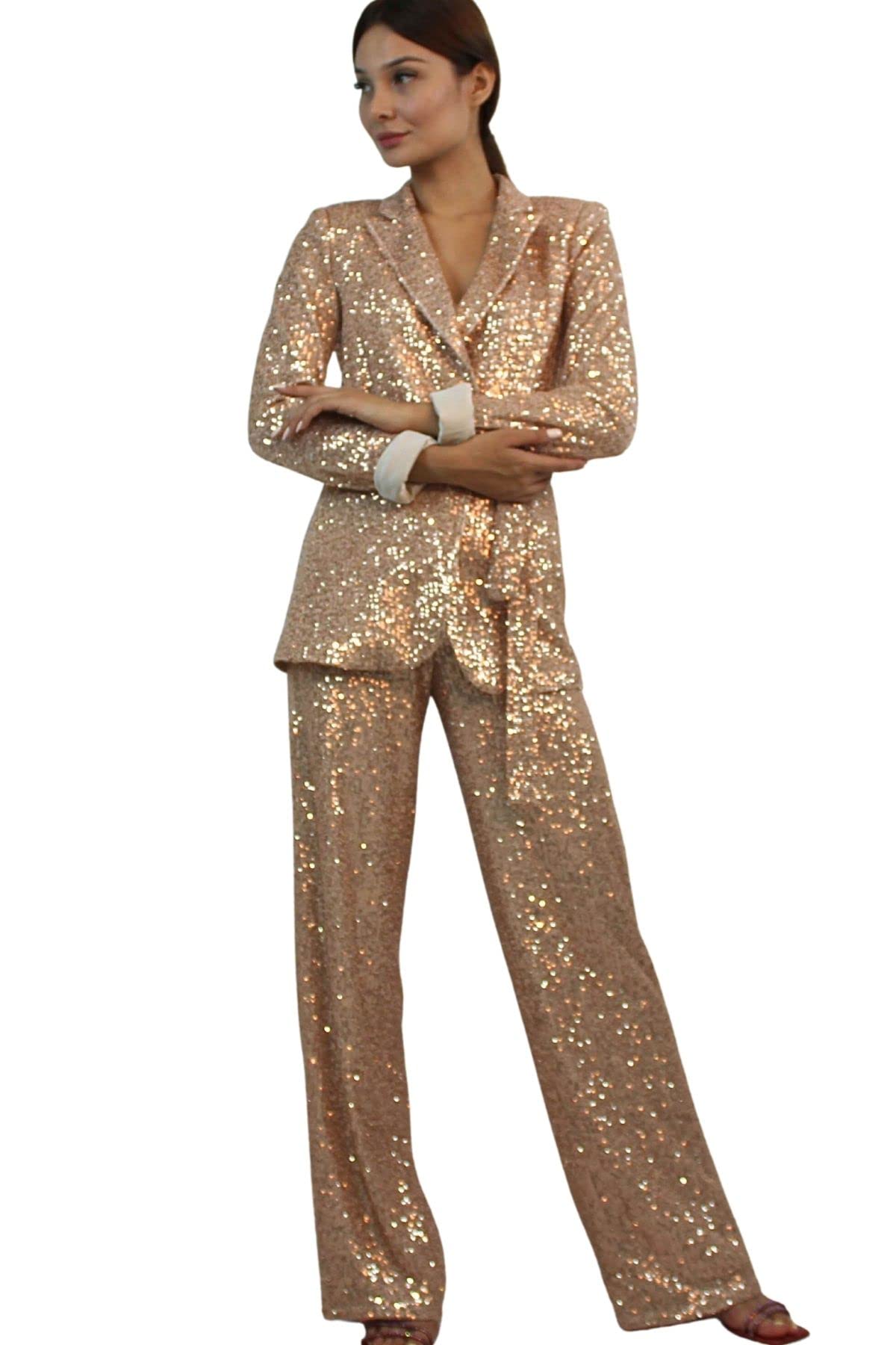 Women Wide Leg Bronze Sequin Pants dress pants