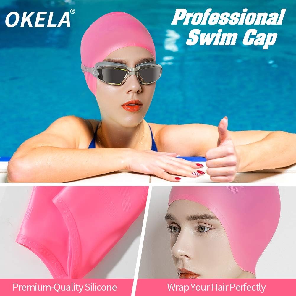 OKELA Silicone Solid Swim Cap,3D Ergonomic Design Comfortable Bathing Swimming Cap for Women and Men, Ideal for Short Medium Long Hair