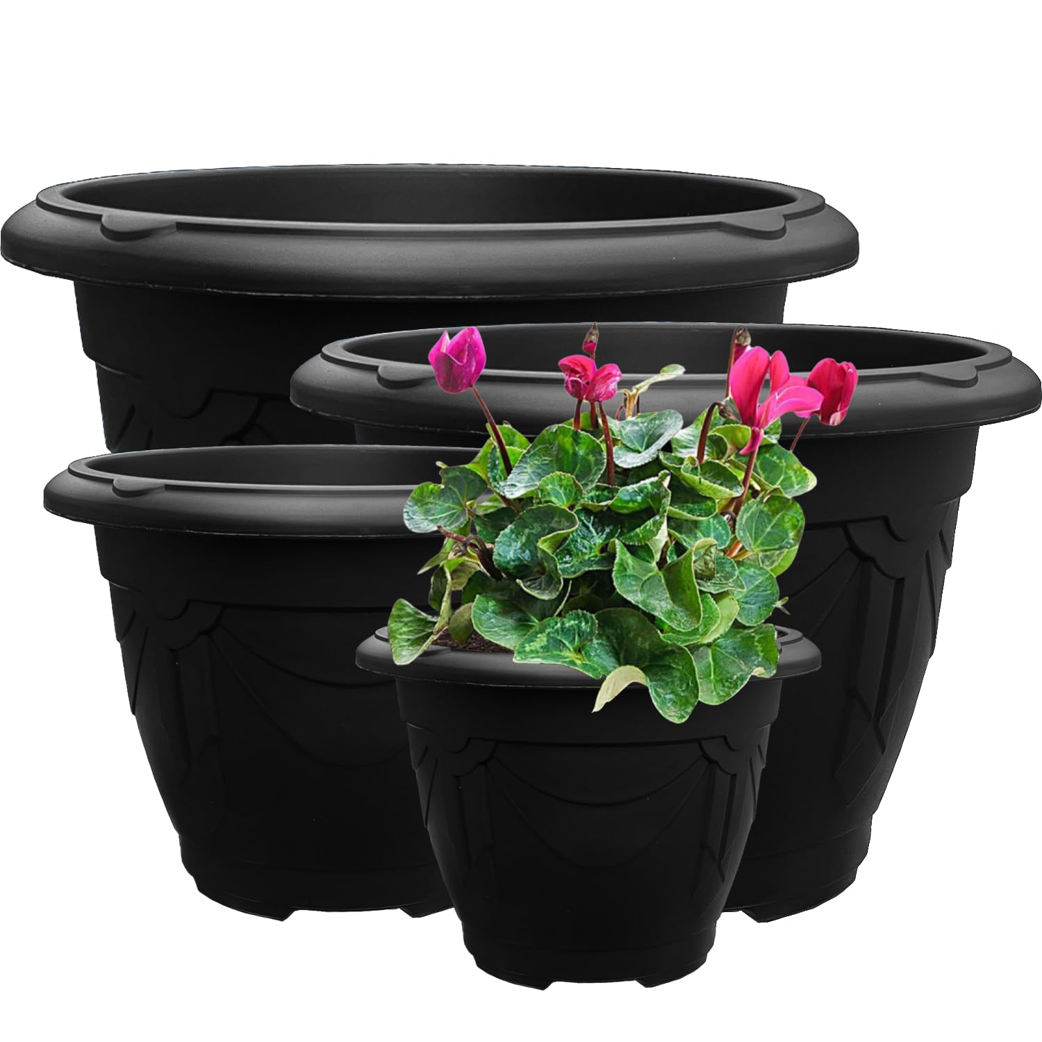 VR7 2 Fioriere Rotonde In Plastica Nera Grafite Grandi 38 Cm Per Giardino, Interni Ed Esterni, Design Moderno