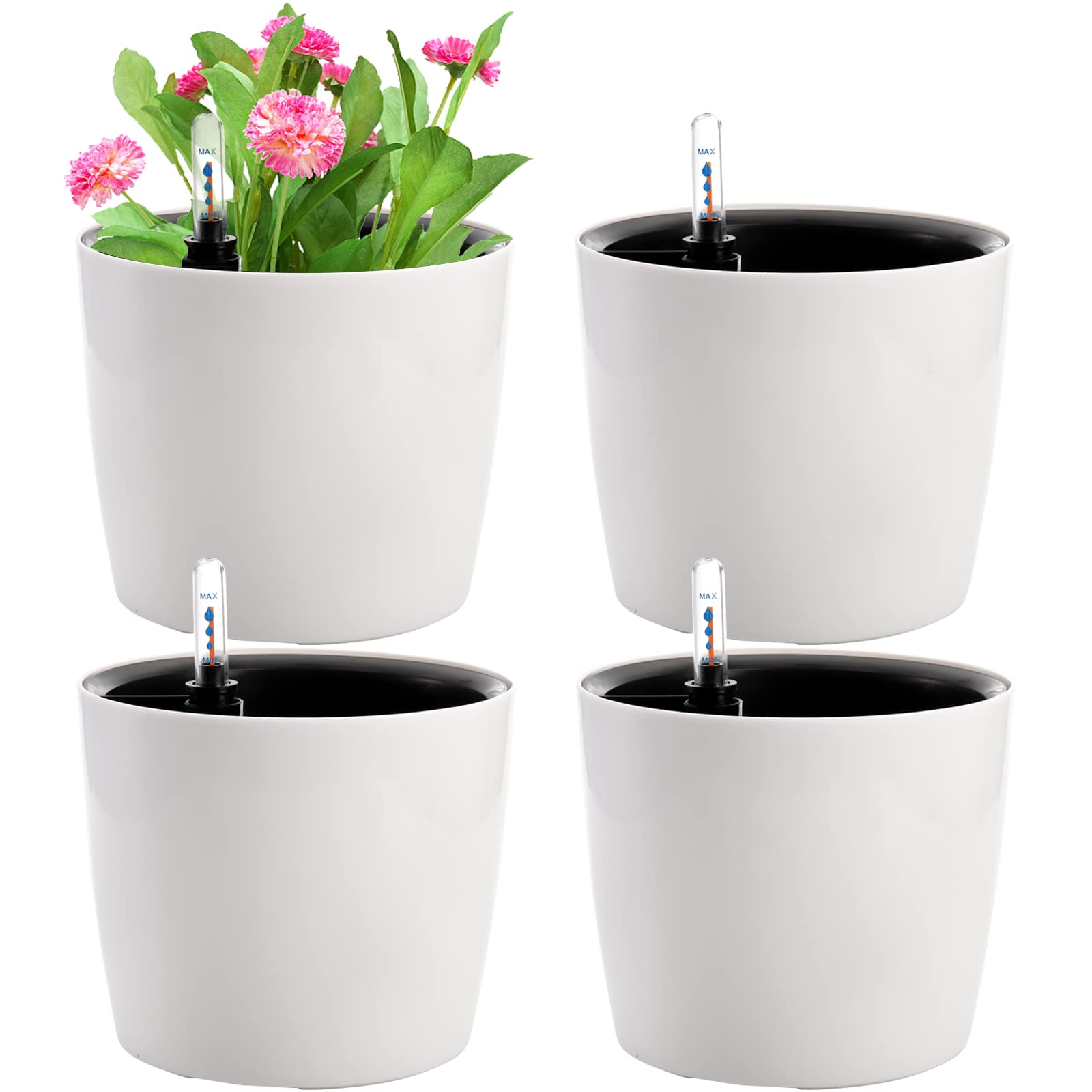Hacaroa 4 Pack Plastic Self Watering Planters for Indoor Plants, 7 Inch Round Flower Pot with Water Level Indicator, Decorative African Violet Pot for All House Plants, Garden, Windowsill, White
