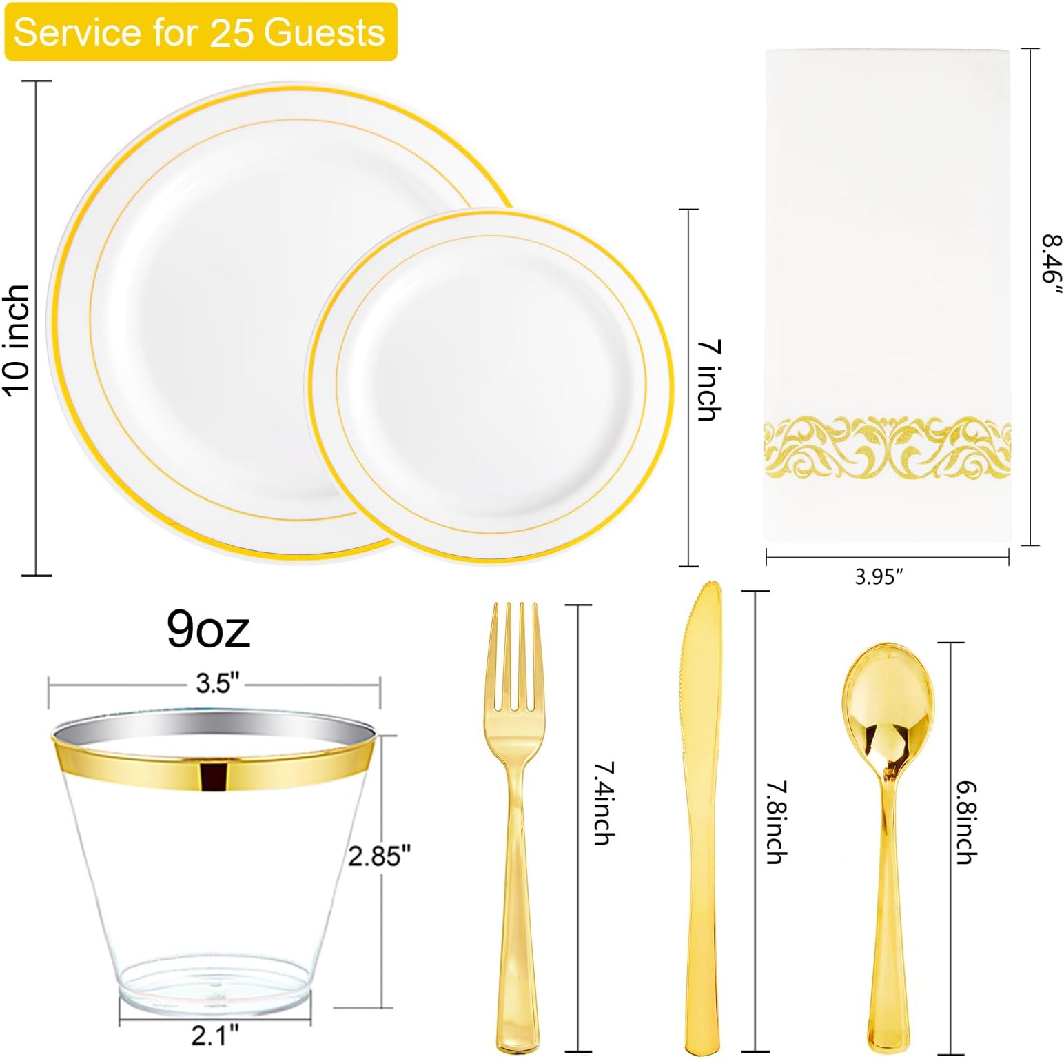 175 Pcs Gold Dinnerware Set, Plastic Plates Disposable for 25 Guests Include:25 Gold Rim Dinner Plates, 25 Gold Dessert Plates, 25 Paper Napkins, 25 Cups, 25 Gold Silverware Set Perfect for Party