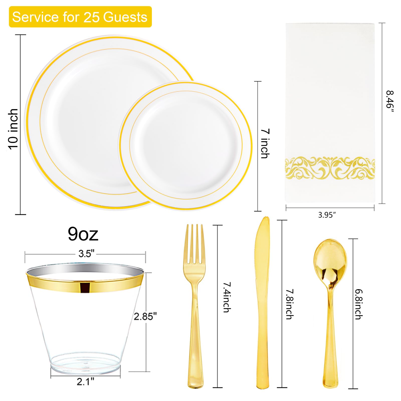 175 Pcs Gold Dinnerware Set, Plastic Plates Disposable for 25 Guests Include:25 Gold Rim Dinner Plates, 25 Gold Dessert Plates, 25 Paper Napkins, 25 Cups, 25 Gold Silverware Set Perfect for Party