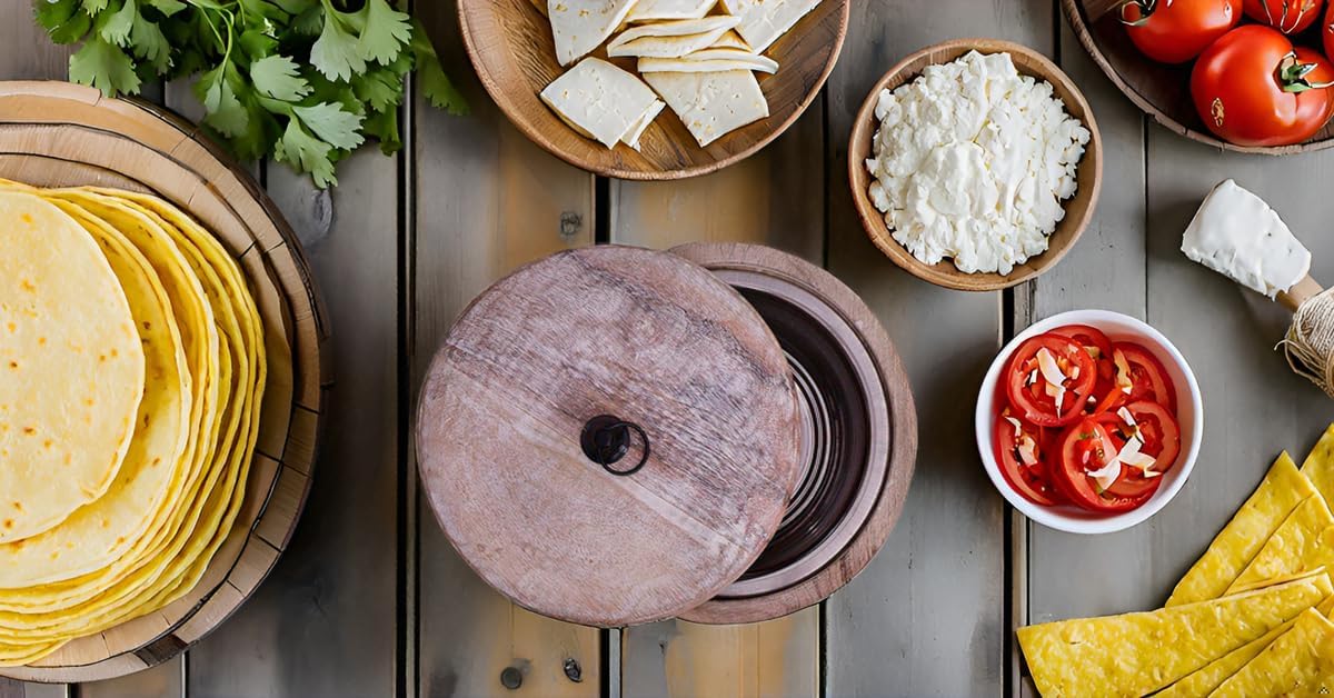 Handcrafted Wooden Mexican Tortilla Warmer Basket Indian Chapati Roti Bread Holder Box Pancake Keeper Serveware Hot Pot Casserole Dish With Lid Home Kitchen Dining Decor, Natural Brown, 9 x 3.5 Inches