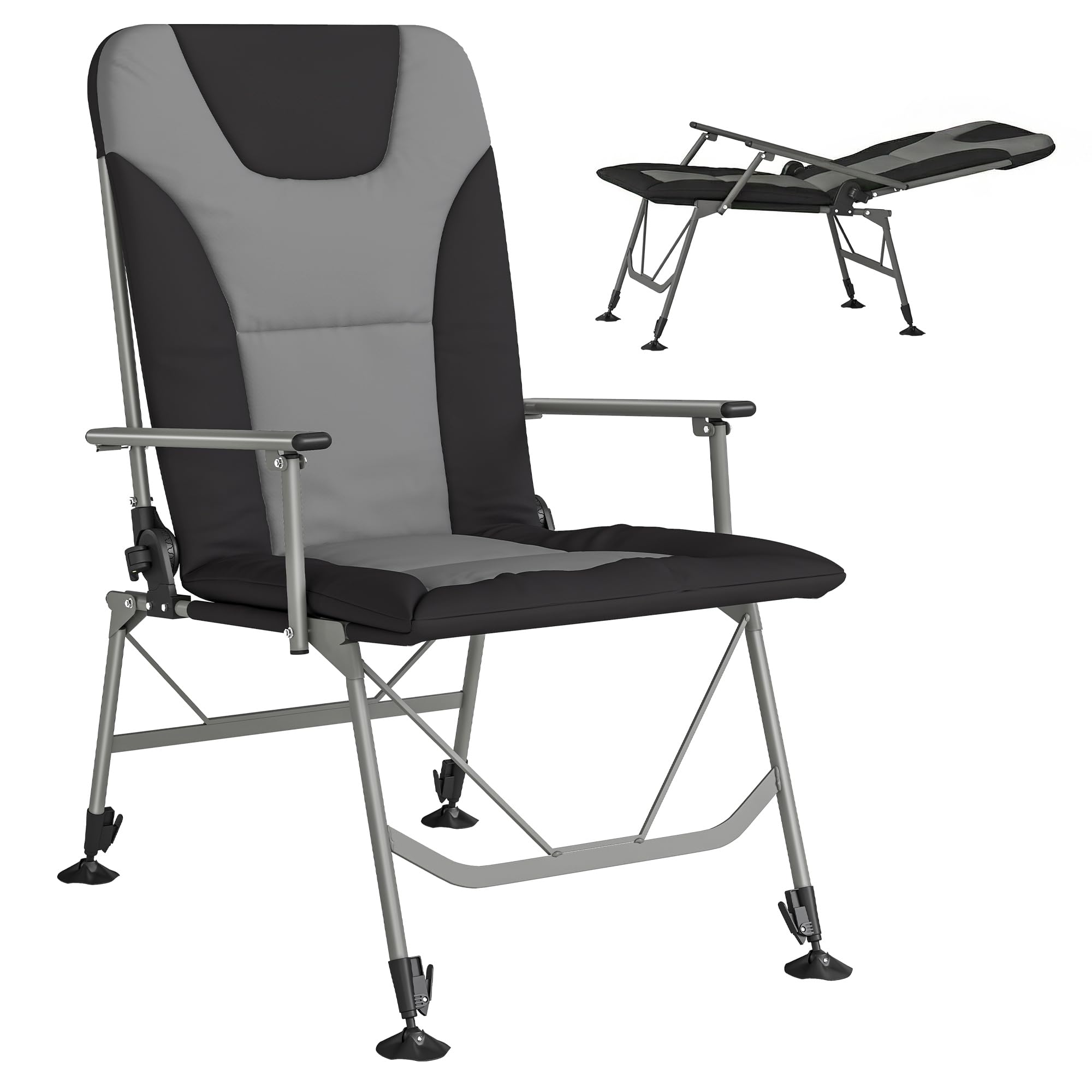 Outsunny Padded Camping Chair for Adults, Portable Reclining Adjustable Folding Chair with Wide Armrests, Outdoor Camp Seat for Garden, Carp Coarse Anglers, Black