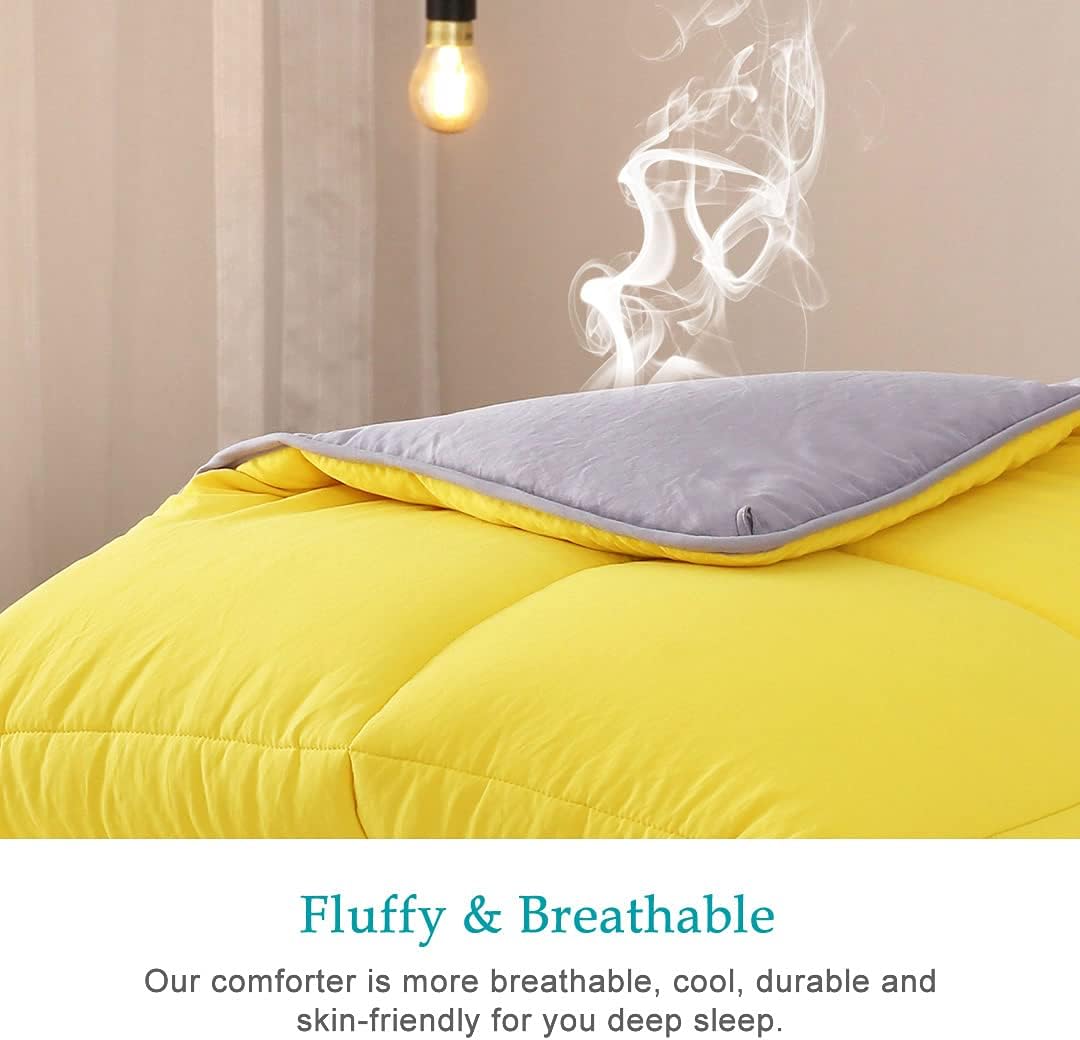 Oaken-Cat Yellow/Grey Reversible Down Alternative Comforter King - 3pcs Ultra-Soft Cloud Fluffy Breathable Microfiber Comforter Set with Shams, All Season Comforter Duvet Insert
