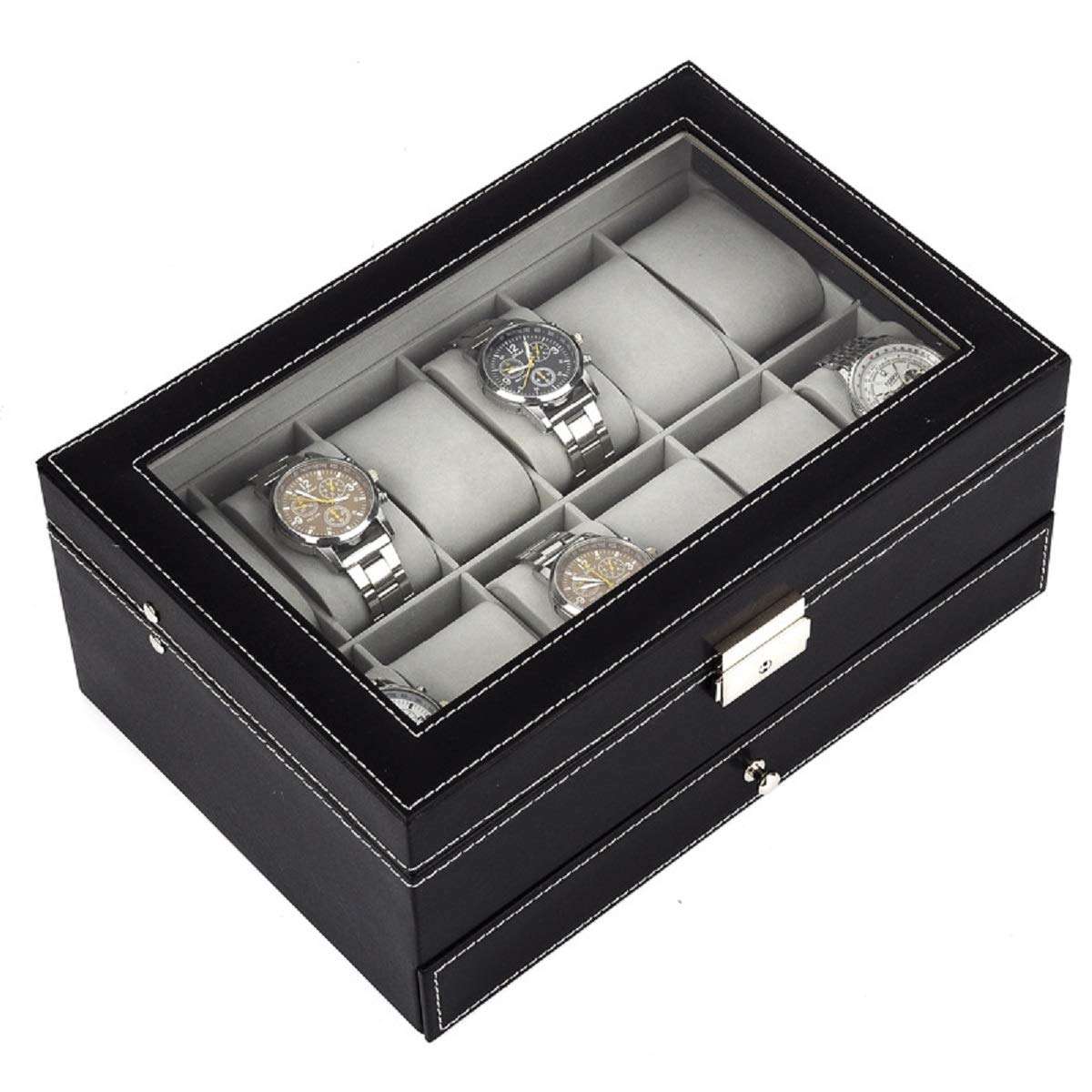 Tebery 12 Slots Black Watch Box PU Leather Case Organizer with Jewelry Drawer for Storage and Display
