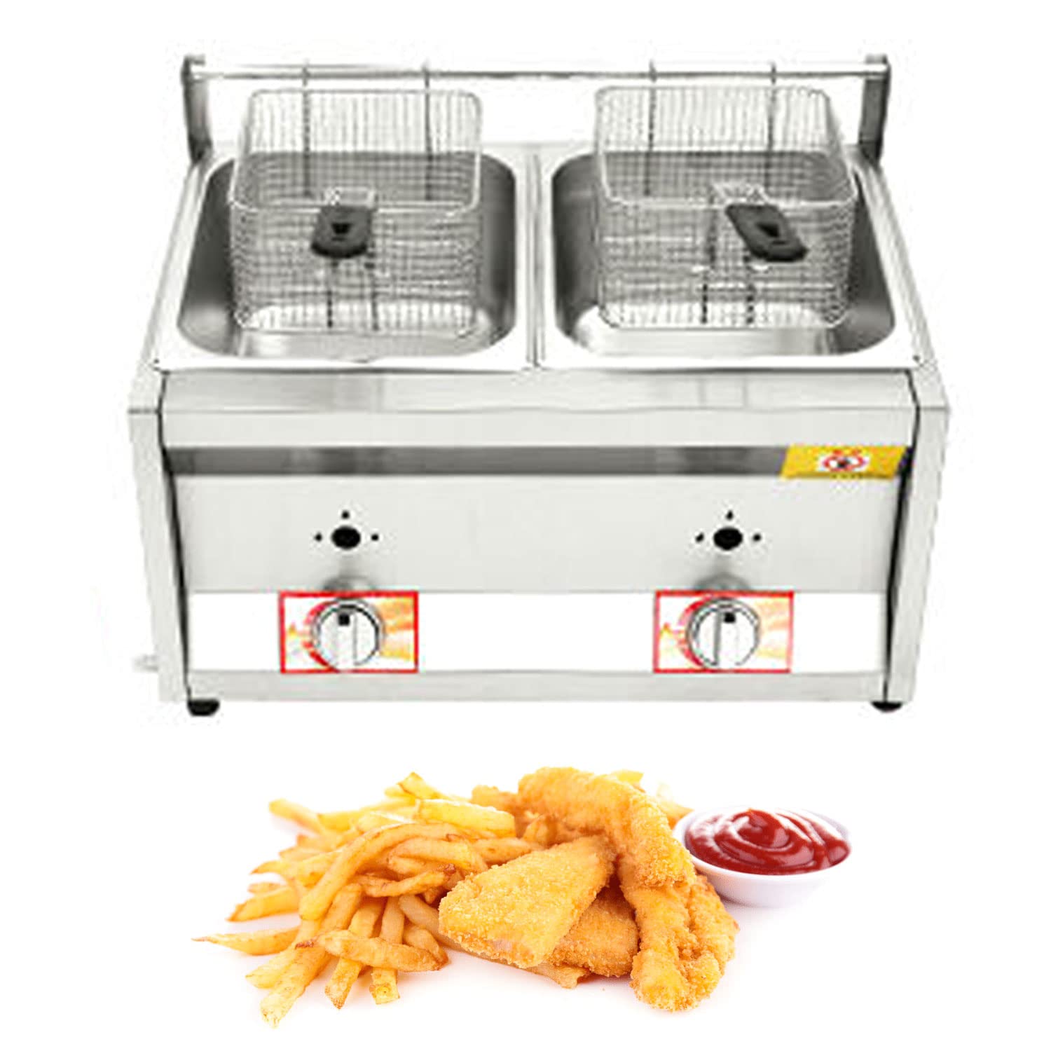 HTTGDGDH Commercial Countertop Lpg Deep Fryer, Large Capacity Dual Tank, 10Lx2 Basket Lid, Stainless Steel Fryer, Ideal For French Fries/Home Kitchens Restaurants,