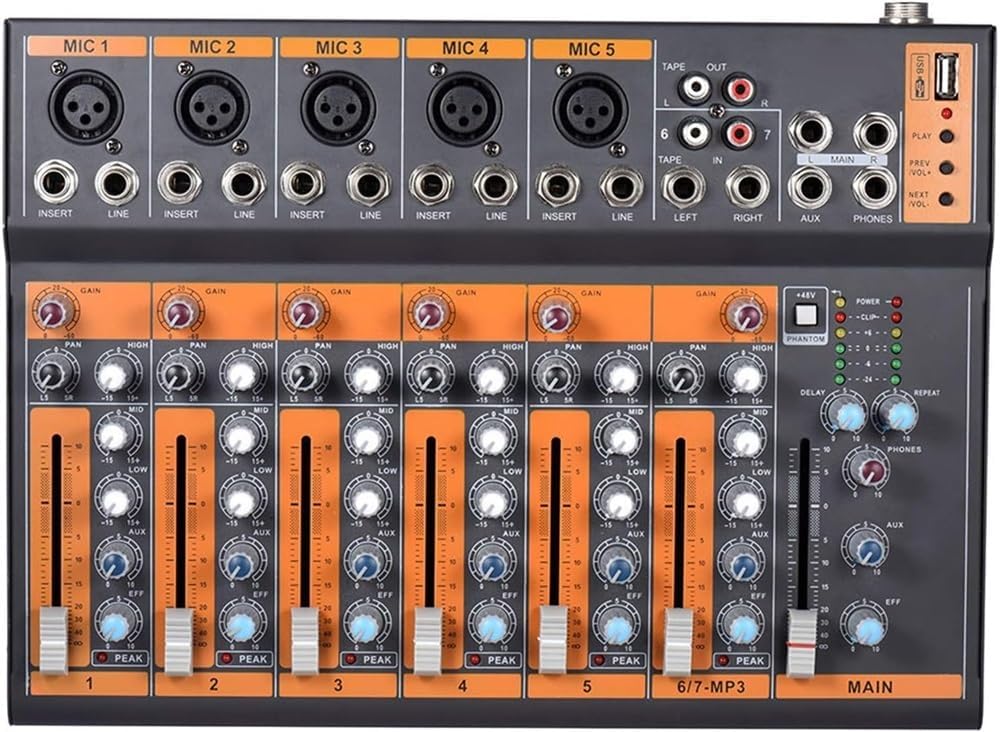 Studio Mixing Desks Portable, DJ Mixer 7-Channel Mic Line Audio Mixer Mixing Console 3-Band EQ USB Interface 48V Phantom Power with Power Adapter