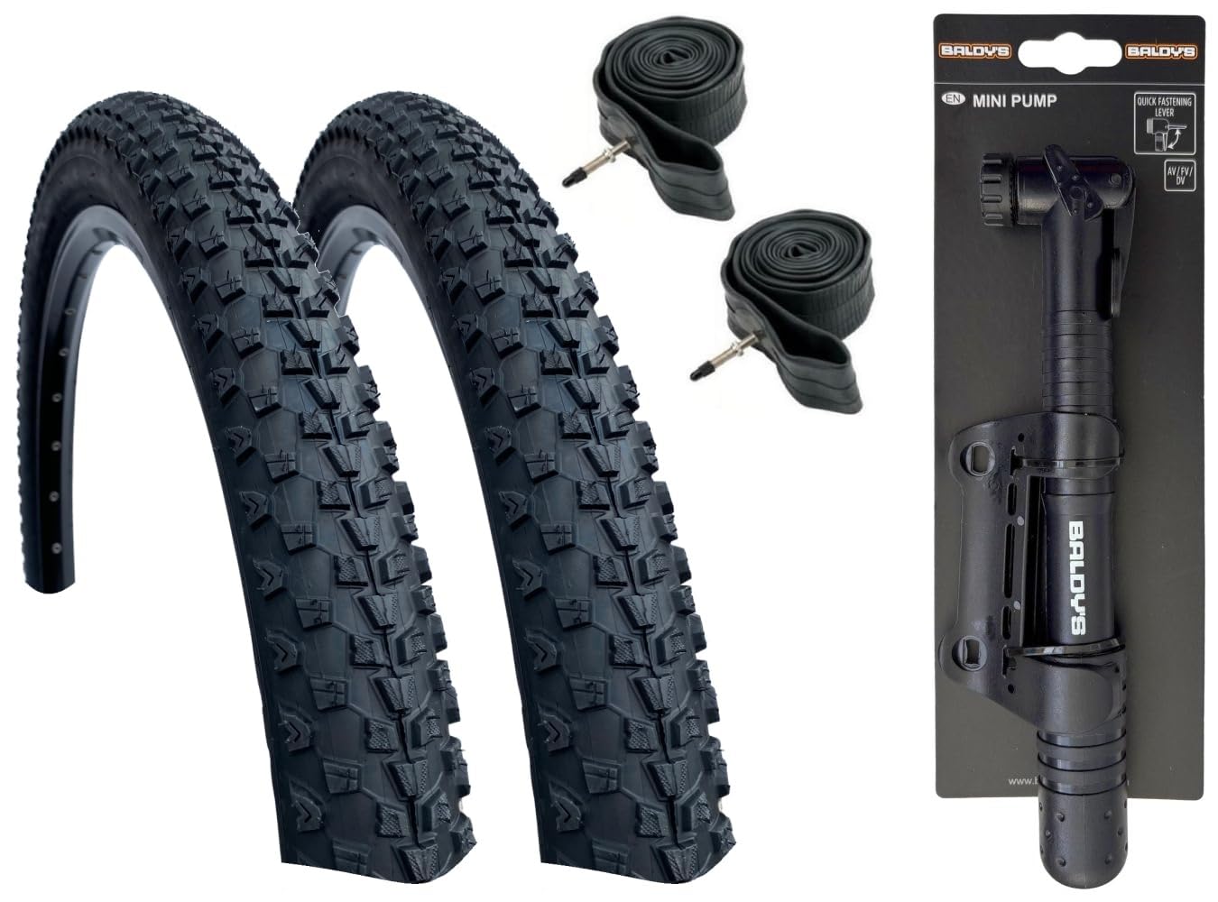 Baldys 27.5 x 2.10 Mountain Bike Tyres BLACK & Presta Valve Inner Tubes (PACK OF 2) & Baldy's Mini Pump