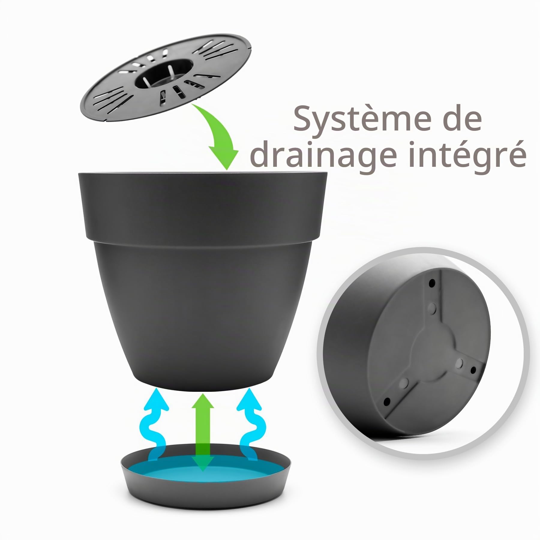 BigDean Lot de 3 pots de fleurs ronds avec soucoupe, diamètre 47 cm, anthracite, cache-pot pour l'intérieur et l'extérieur, en plastique incassable et fabriqué en Europe