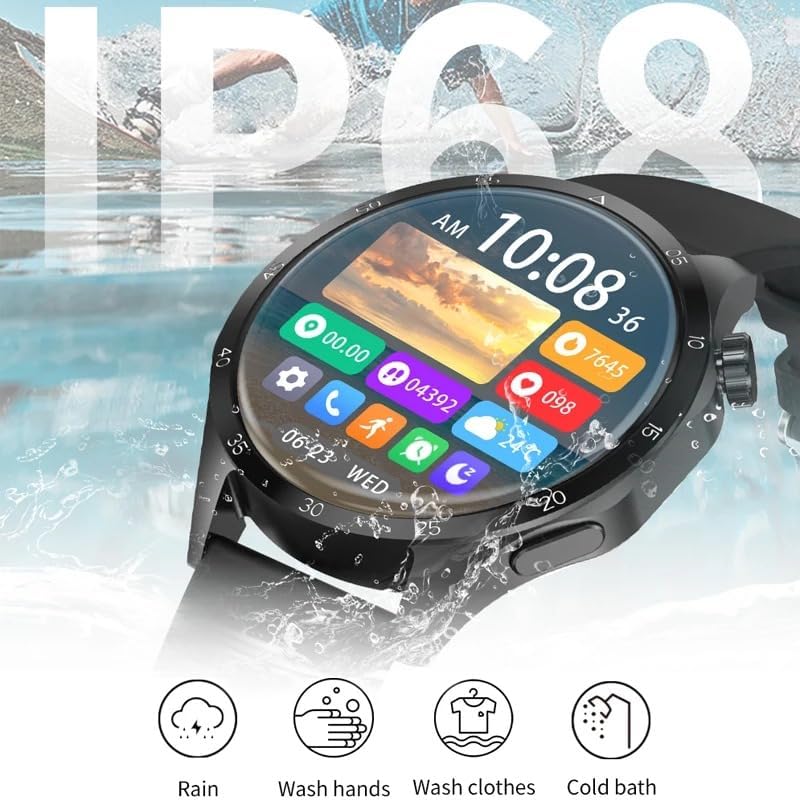GT4 Pro Smart Watch being splashed with water, with icons indicating suitability for rain, hand washing, washing clothes, and cold bath.