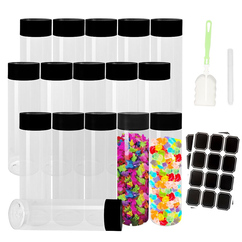 BiBOTLSFLY Lot de 16 bouteilles de jus en plastique transparent réutilisable avec couvercles noirs, idéales pour l'eau, le jus, le lait et d'autres boissons faites maison - 500 ml