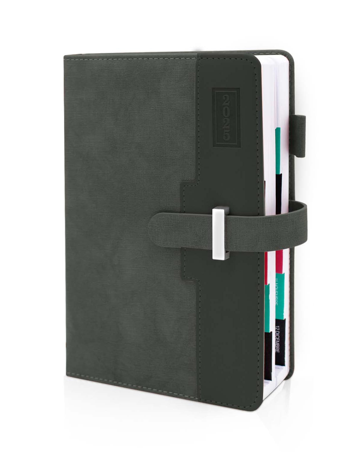 HW CASA Agenda Giornaliera 2025 Taccuino,Formato A5,200 Pagine,Copertura impiombata bicolore di alta qualità,Con inserto per penna e fibbia,Design a Pagina Singola ed Etichette Mensili Colorate,Grigio