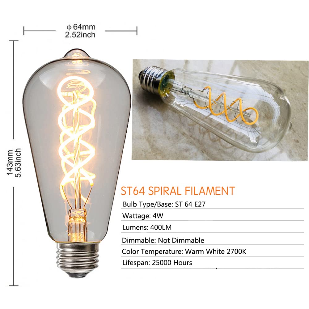 Ruihua 6 Packungen E27 4W Klarglas Doppelt Spiralförmige Flexible Glühbirne ST64 Vintage LED Glühlampe,Warmweiß 2700K 400LM Nicht Dimmbare Retro Edison LED Energiesparlampe