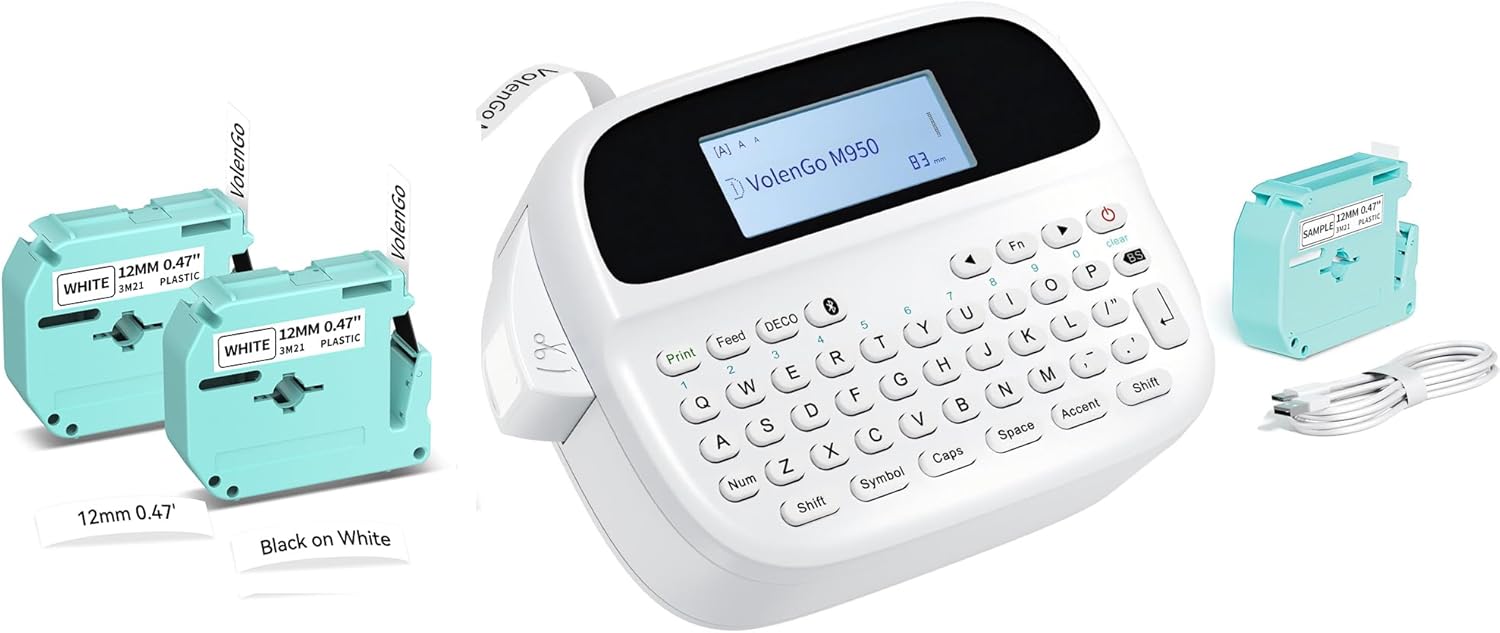 M950 Label Maker Bundle, Label Maker Machine with Tapes 12mm White, Portable Bluetooth Labeler with Backlit-LCD, MZ Tapes 12mm 0.47 White, 3-Pack