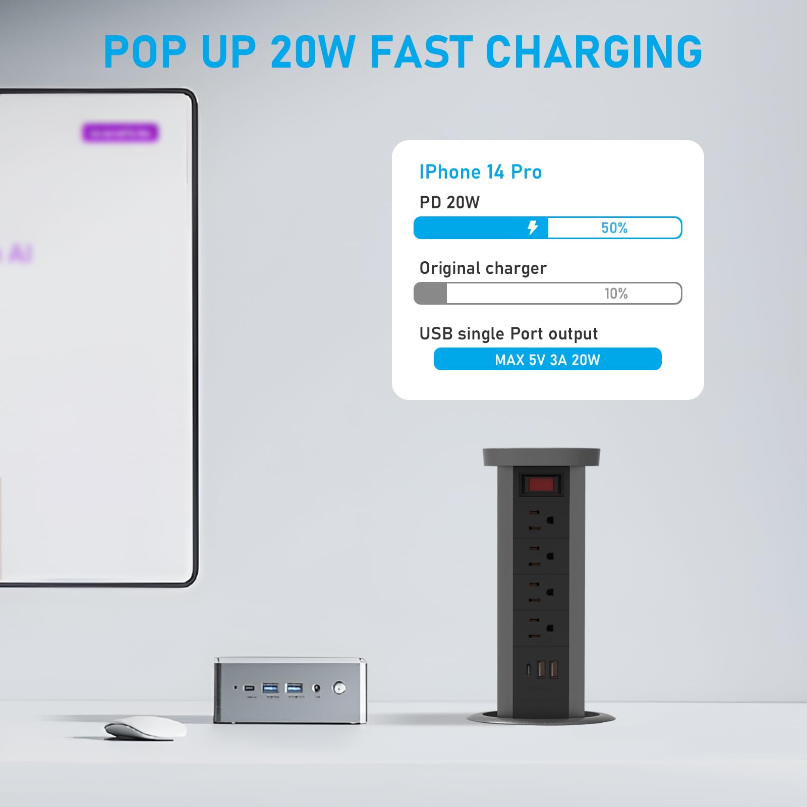 Powerhub 12.1 cm wyskakujące gniazdko na blat z przelotkami komputerowymi PD20 W, USB C, 4 gniazdka, 3 porty USB, bezprzewodowa ładowarka 15 A, szybkie ładowanie, oszczędność miejsca dla