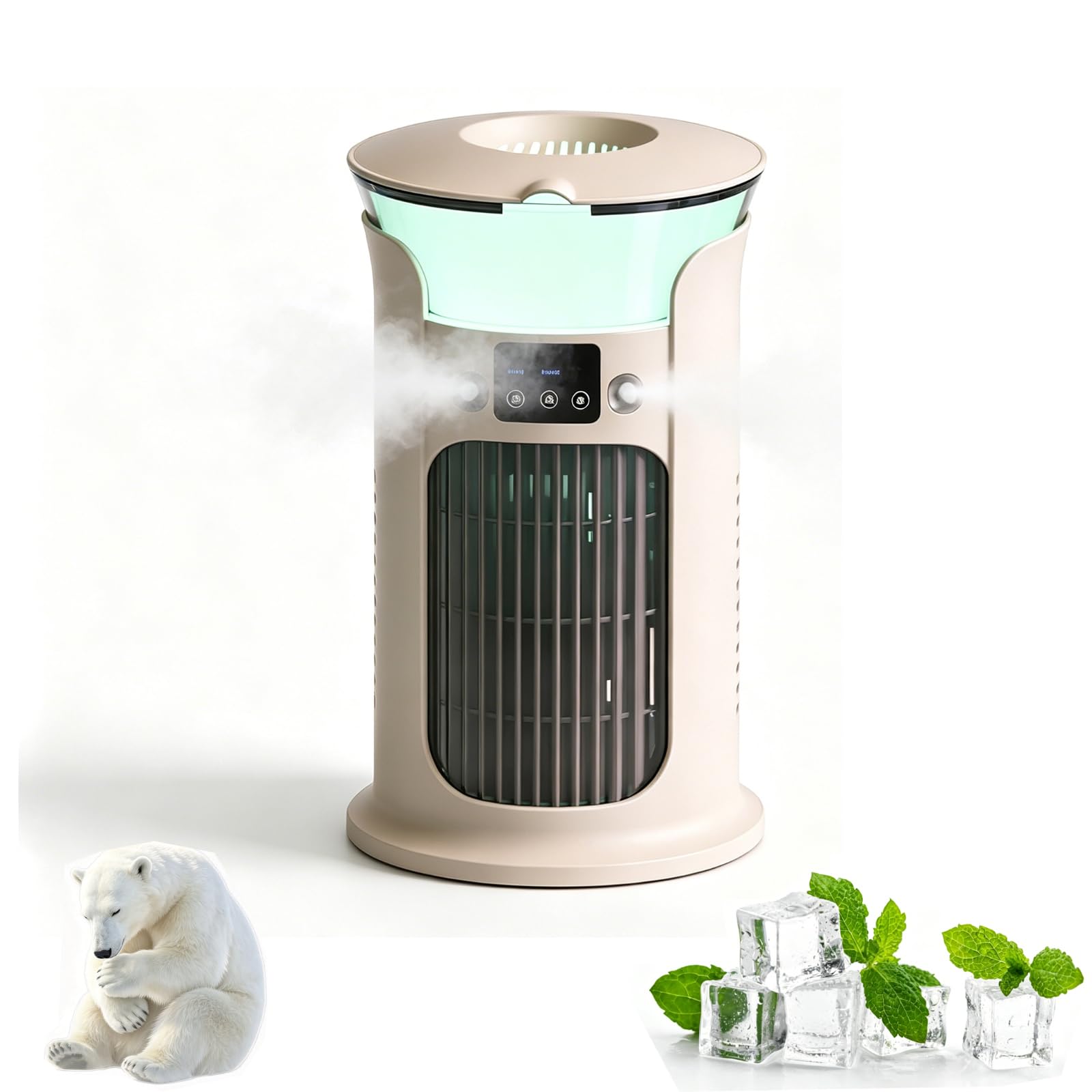 Enfriador de Aire Silencioso Evaporativo, Refrigeración por Bruma Fría, 3 Velocidades de Ventilación, Tanque de Agua de 880ml, Sin Tubo de Escape, Para Habitación, Oficina, Camping (Blanco)