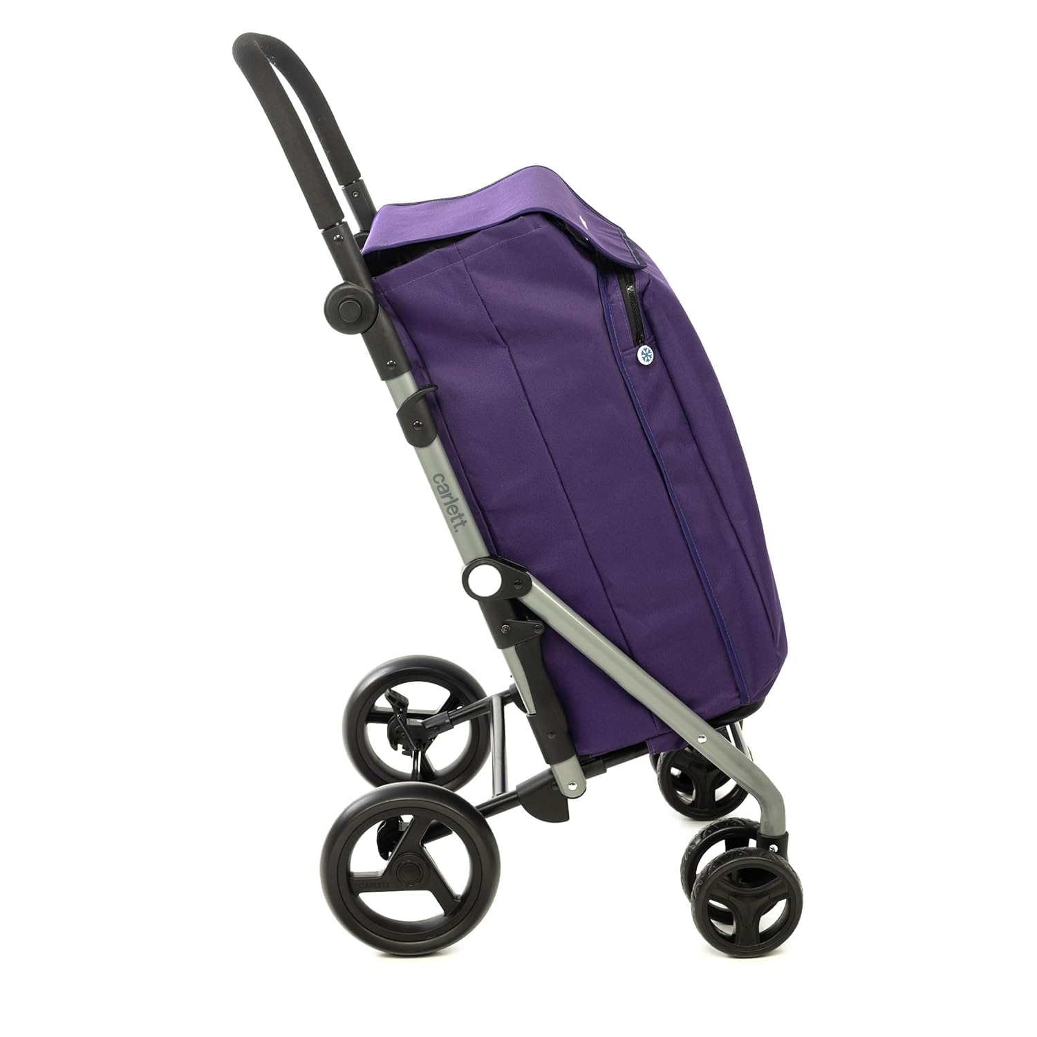 Carlett Chariot de Courses 4 Roues Pliable, Sac Amovible Grande Capacité 58 L / 32 kg et Sac Isotherme 12 L, Poignée Réglable, Frein de Sécurité, Convertible en 2 Roues, Lite Family, Violette