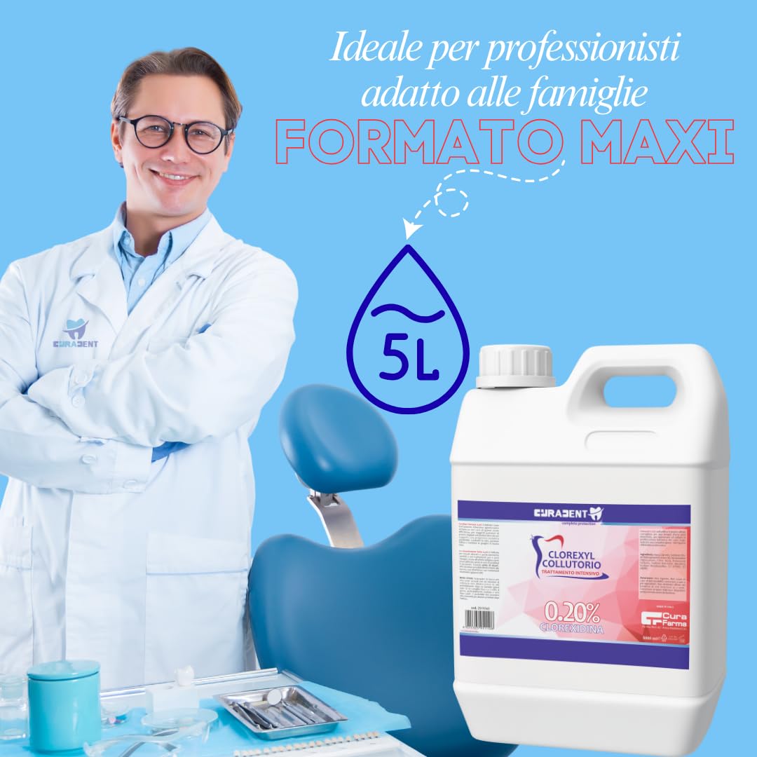 Collutorio Clorexidina 0,2% Professionale – Disinfettante Orale Antibatterico – Ideale per Igiene Orale – Tanica da 5 Litri