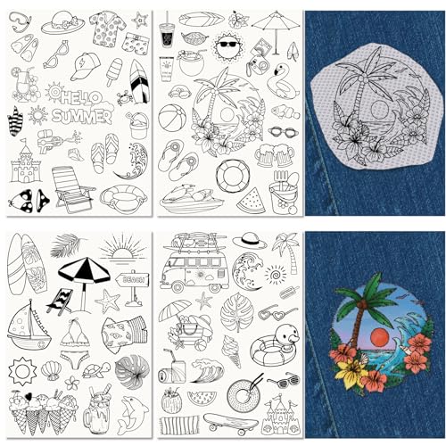 CRASPIRE 82Pcs Summer Beach Water Soluble Embroidery Stabilizers Patterns Sea Shell Hand Sewing Stick and Stitch A4 Transfers Fabric Wash Away Pre-Printed Self Adhesive for Cloth Sewing Lovers