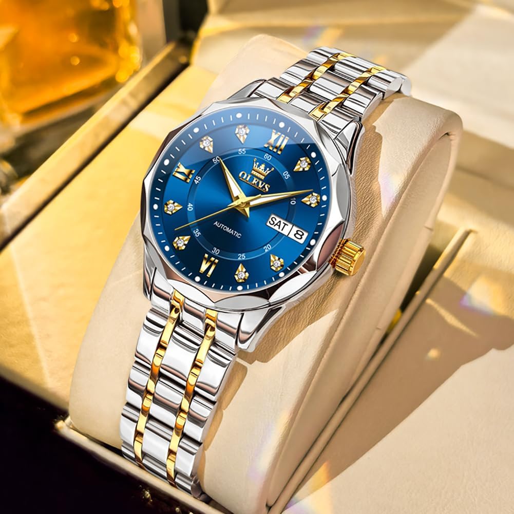 OUPINKE Women's Automatic Mechanical Watch Diamond Dial Casual Dress Watch Self Winding Day Date Waterproof Stainless Steel Band