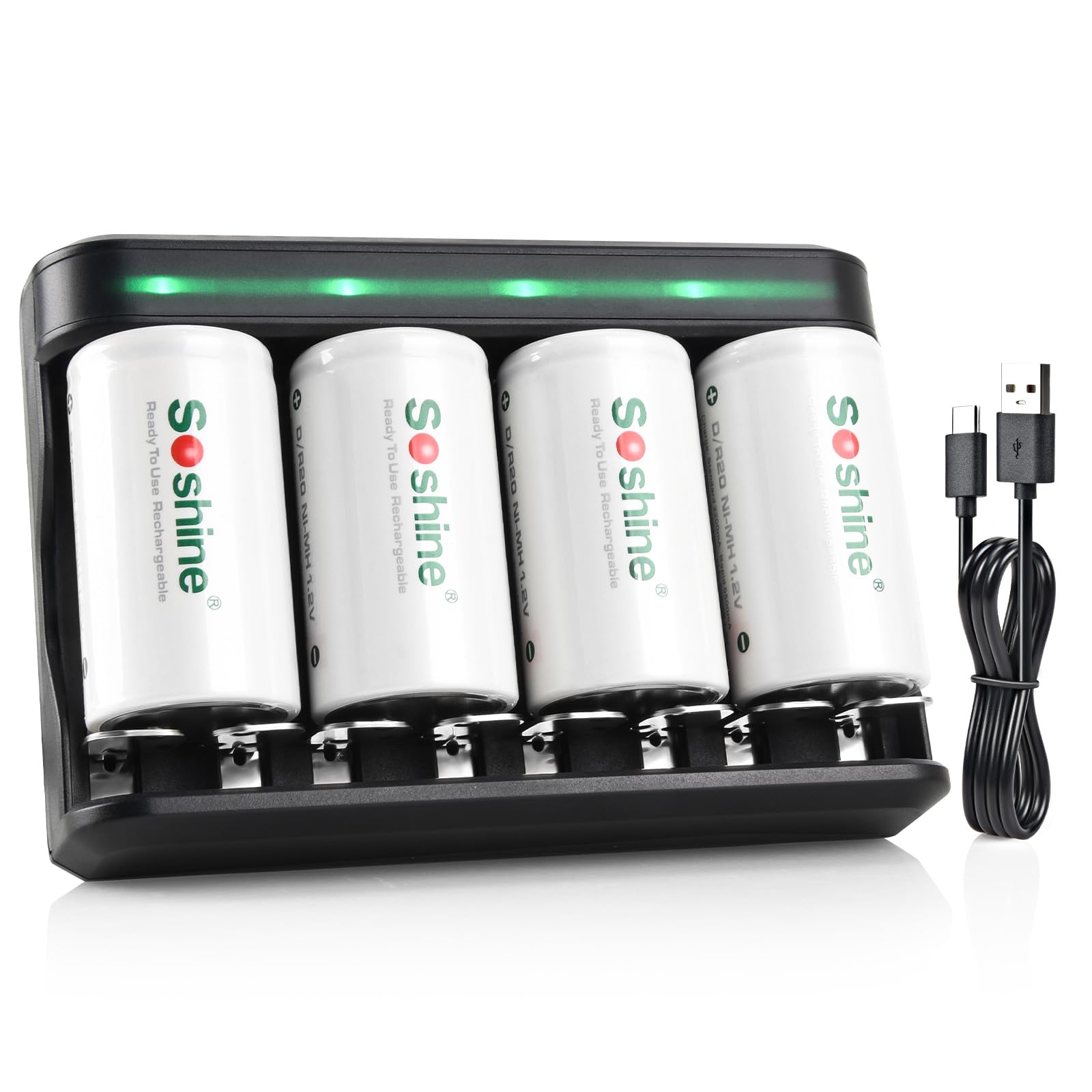 Rechargeable D Batteries with Charger, 8 Bay Smart Battery Charger with 4pack D 11000mAh Battery for AAA/AA/SC/C/D Ni-MH Ni-CD