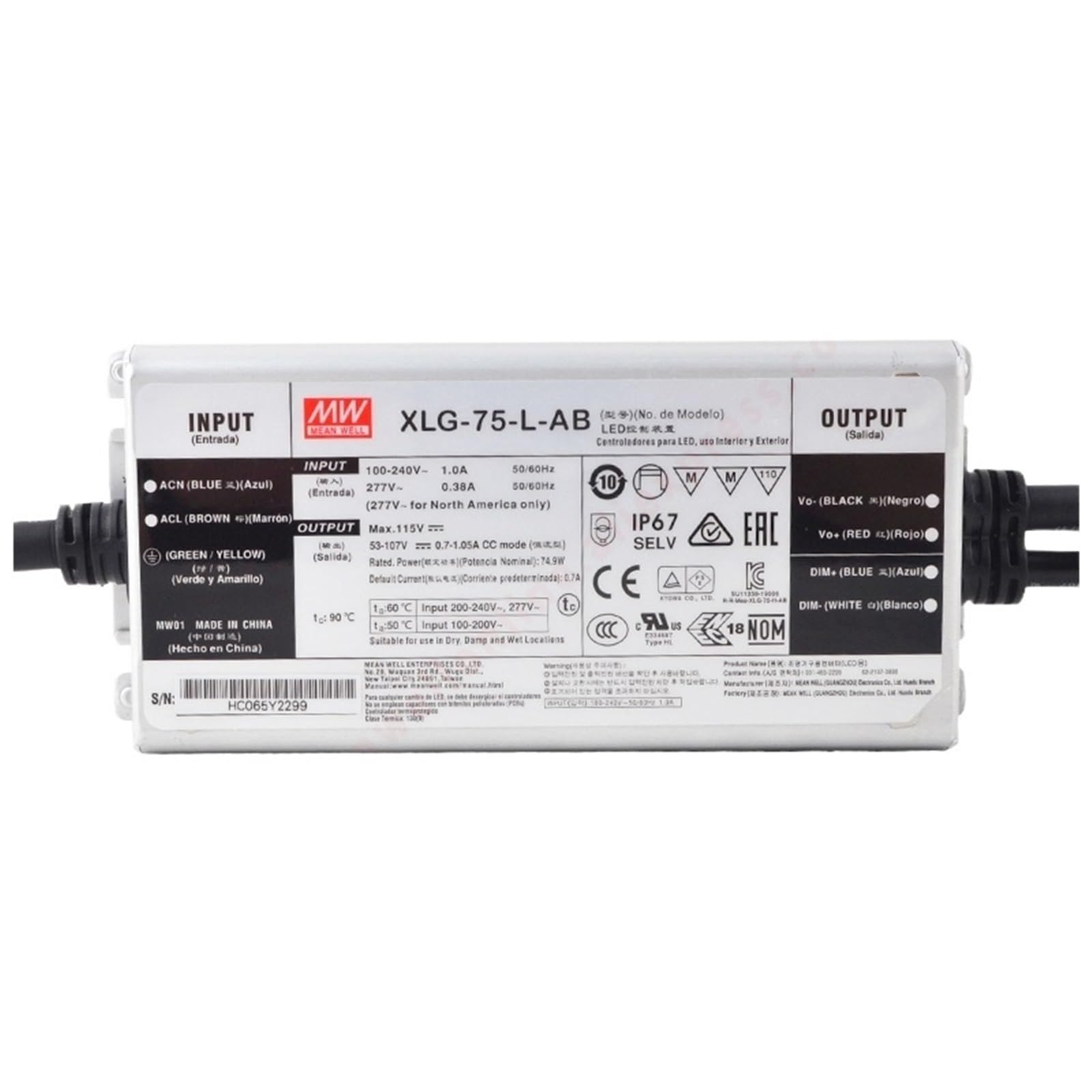 Fcarumiqp Xlg-75-L-Ab-75W Xlg-75-L-Ab Ip67 3 In 1 Dimming 75W Constant Power Mode Led Driver