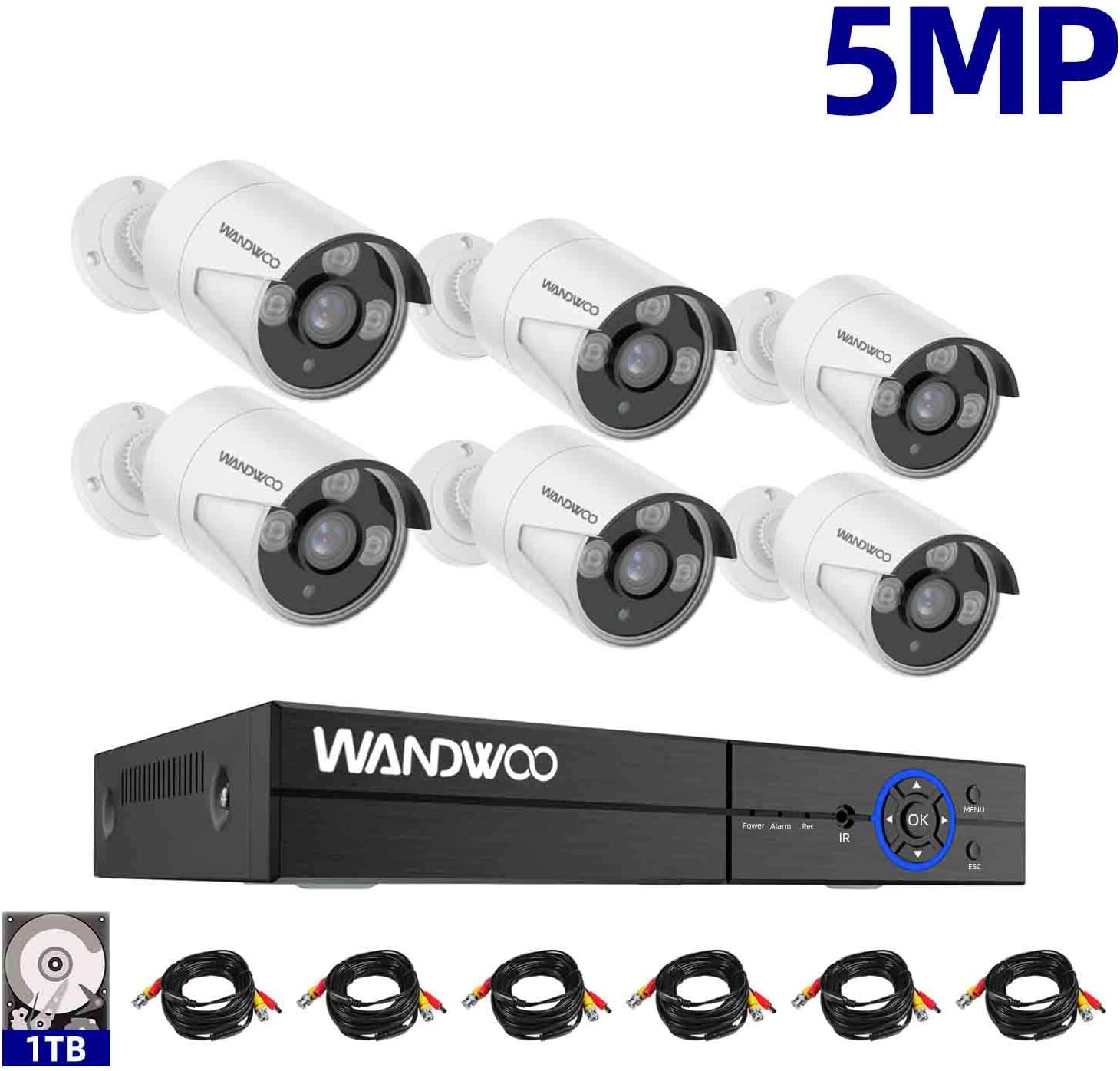 5MP Home Security Camera System, Wandwoo Wired Security Cameras Systems 8 Channel Ultra HD 4K Output Video DVR Recorder with 6pcs 5MP (2560 X 1944) Cameras and 1TB Hard Drive, Clear Night Vision