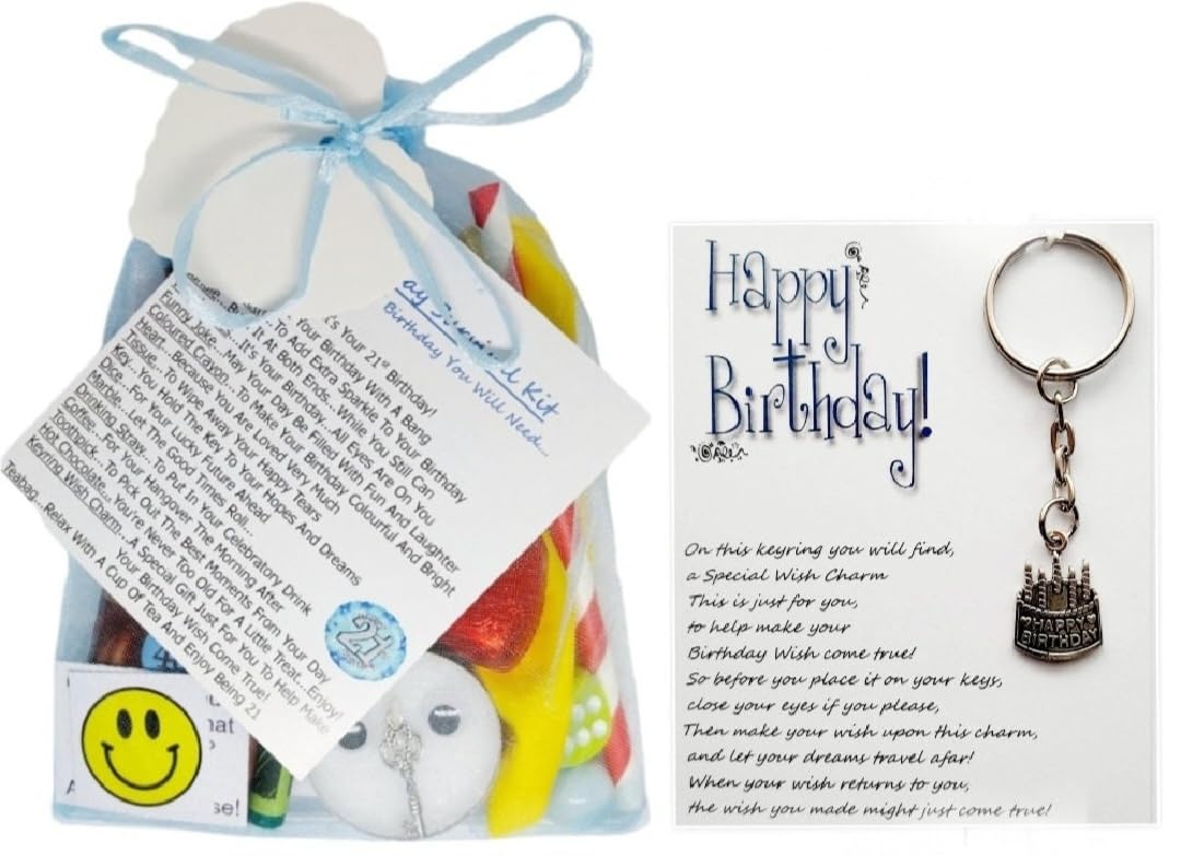 Leia-Marie's Celebration Gifts Unisex Blue 21St Birthday Survival Kit Gift, A Great Greeting Card Alternative, Fun, Novelty, Unique Present, Available In Pink Or With Keepsake Keyring Included (Blue)