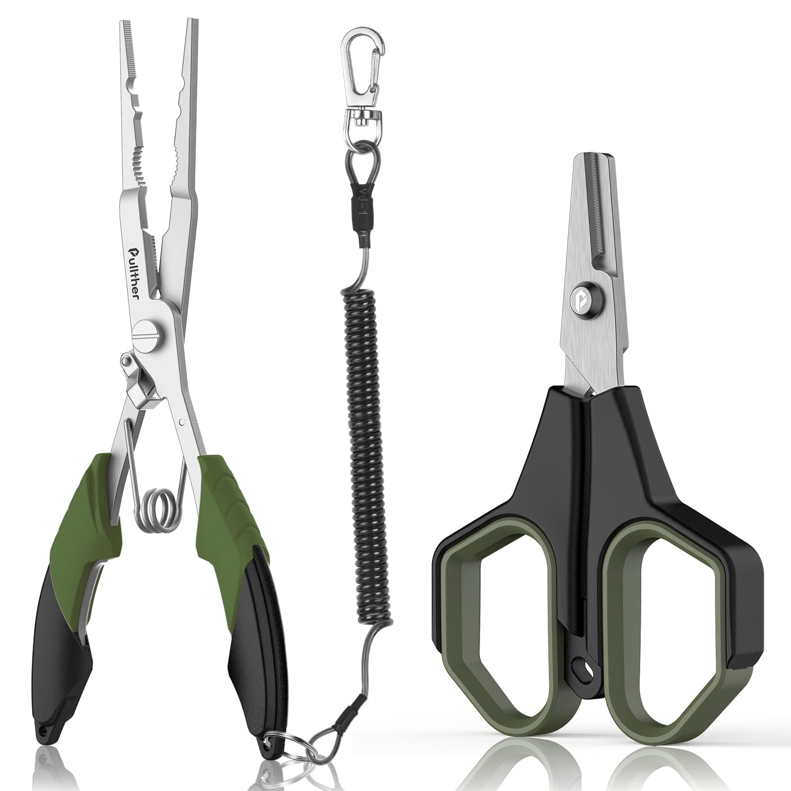 pullther Fishing Tools Kit, Fishing Pliers, Fishing Scissors, Fishing Line Cutter for Braided Fishing Line, Fishing Multitool with Lanyard (Green, 22cm Fishing Pliers + Fishing Scissors)