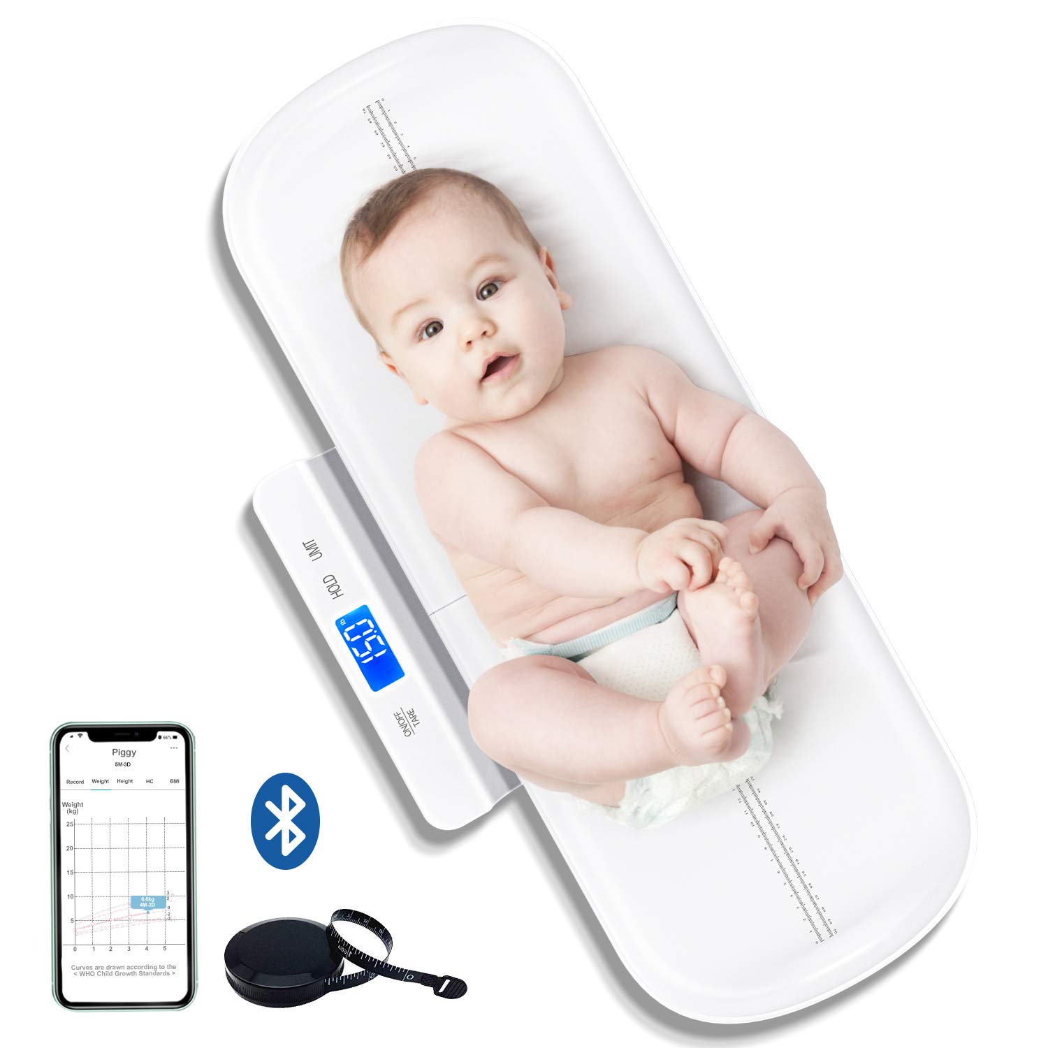 UNICHERRY Bluetooth Baby Scales  baby weighing scale  Multifunctional baby scale with removable tray  baby scales digital with Tare and Hold Functions  Free App and Batteries(Max: 100 kg)