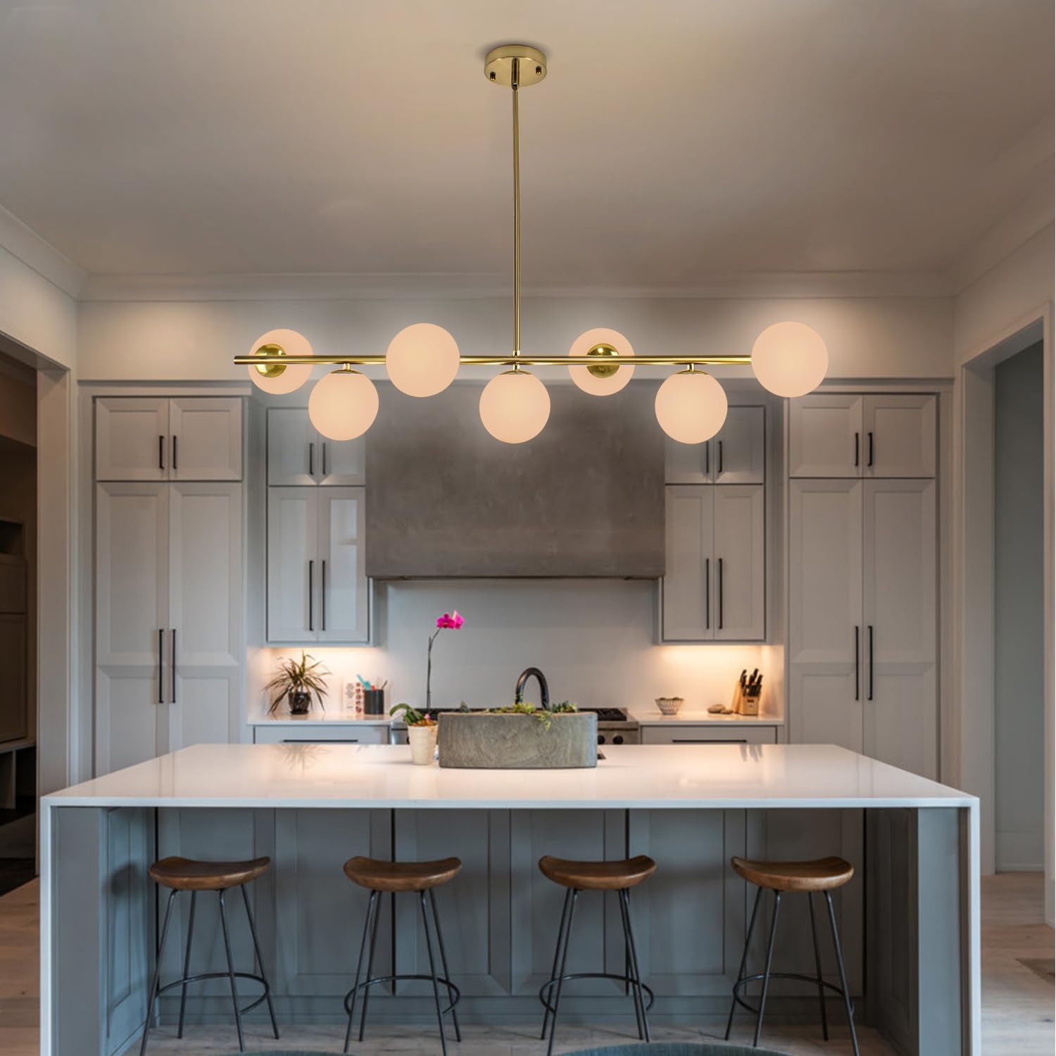 Brass Modern Linear Chandelier for Dining Room, 7-Light Adjustable Dimmable Ceiling Light Fixture with Glass Globes for Kitchen Island, Living Room, Bedroom, Foyer - Mid Century Modern Gold Lighting