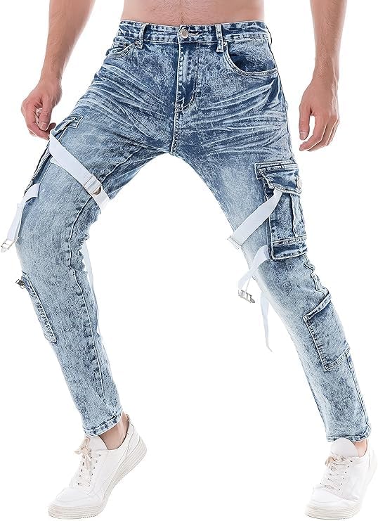 ABSECAI Mens Fashion Slim Fit Skinny Hip Hop Cargo Straps Jeans - Image 5
