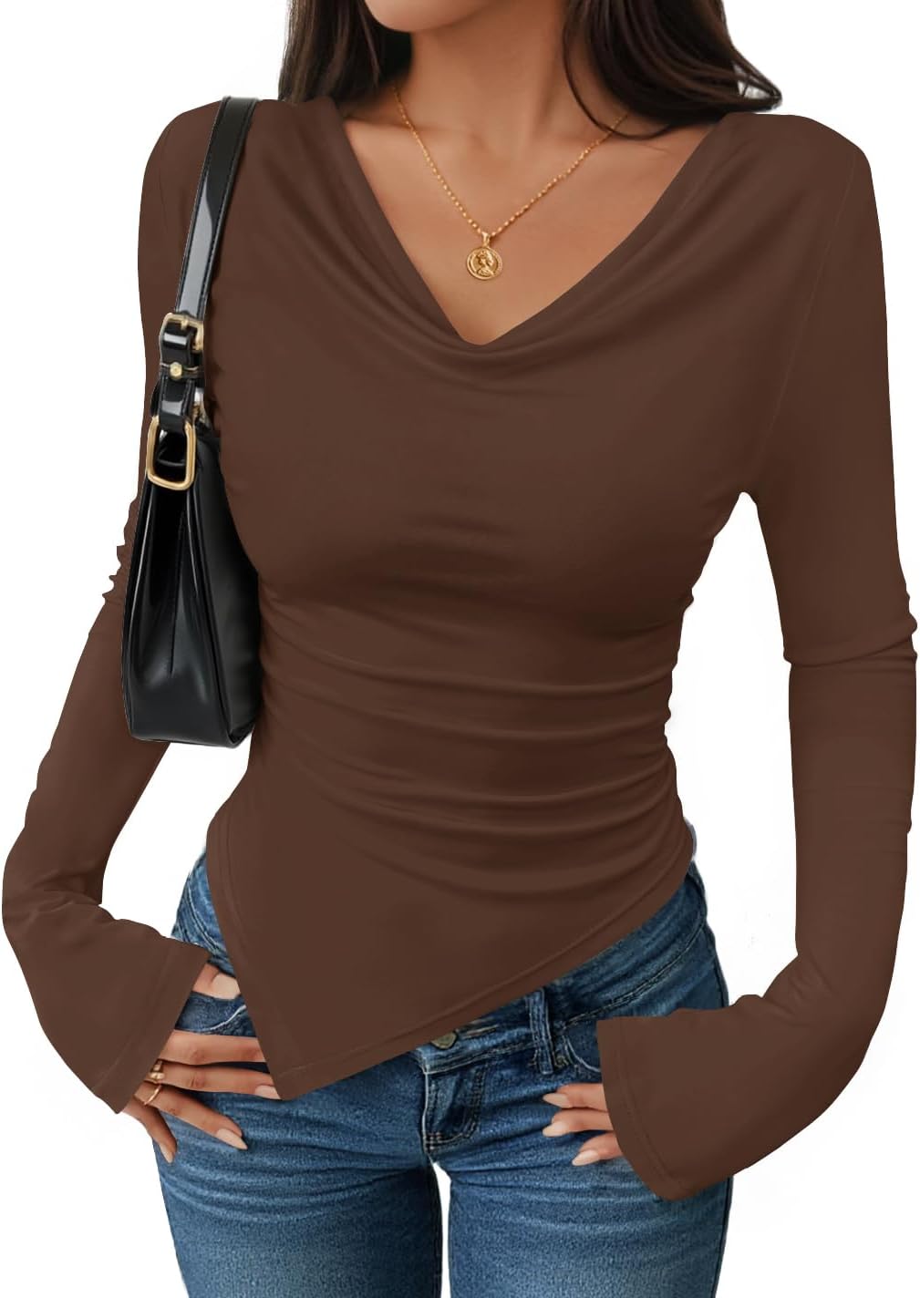 ZESICA Women's Long Sleeve Cowl Neck Shirts Slim Fit Going Out Y2k Tops Blouses 2026 Spring Outfits Fashion Clothes