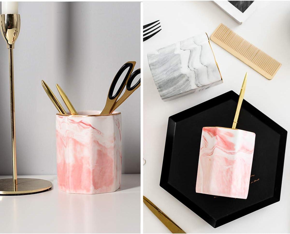 WAVEYU Pen Holder for Girls Stand for Desk Marble Pattern Pencil Cup for Kids Durable Ceramic Desk Organizer Makeup Brush Holder for Daily Use in Office Classroom - Image 4
