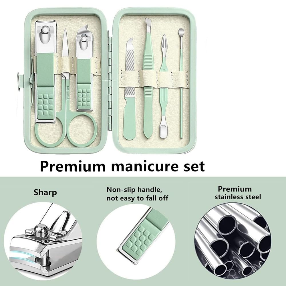 Nagelknipser, Körperpflege-Nagelknipser-Set, Maniküre- und Pediküre-Werkzeuge for Männer und Frauen, Pflegeset mit Reiseetui, Strumpffüller for Familie und Freunde (7-teilig) Nagelset(Green)