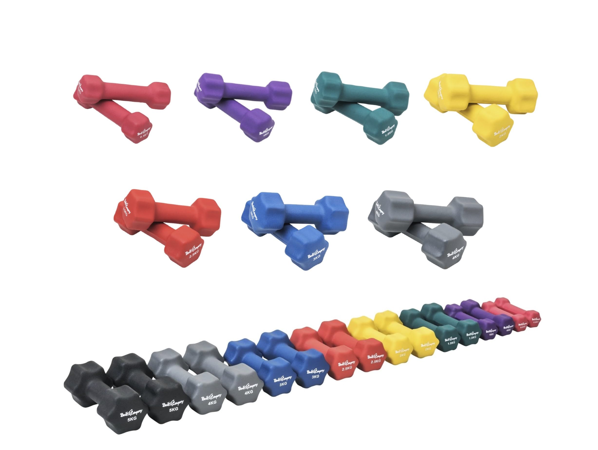Bad Company Neoprenowe hantle do aerobiku, gimnastyki i fitnessu, 2 x 0,5 kg + 2 x 1 kg + 2 x 1,5 kg + 2 x 2 kg + 2 x 2,5 kg + 2 x 3 kg + 2 x 4 kg