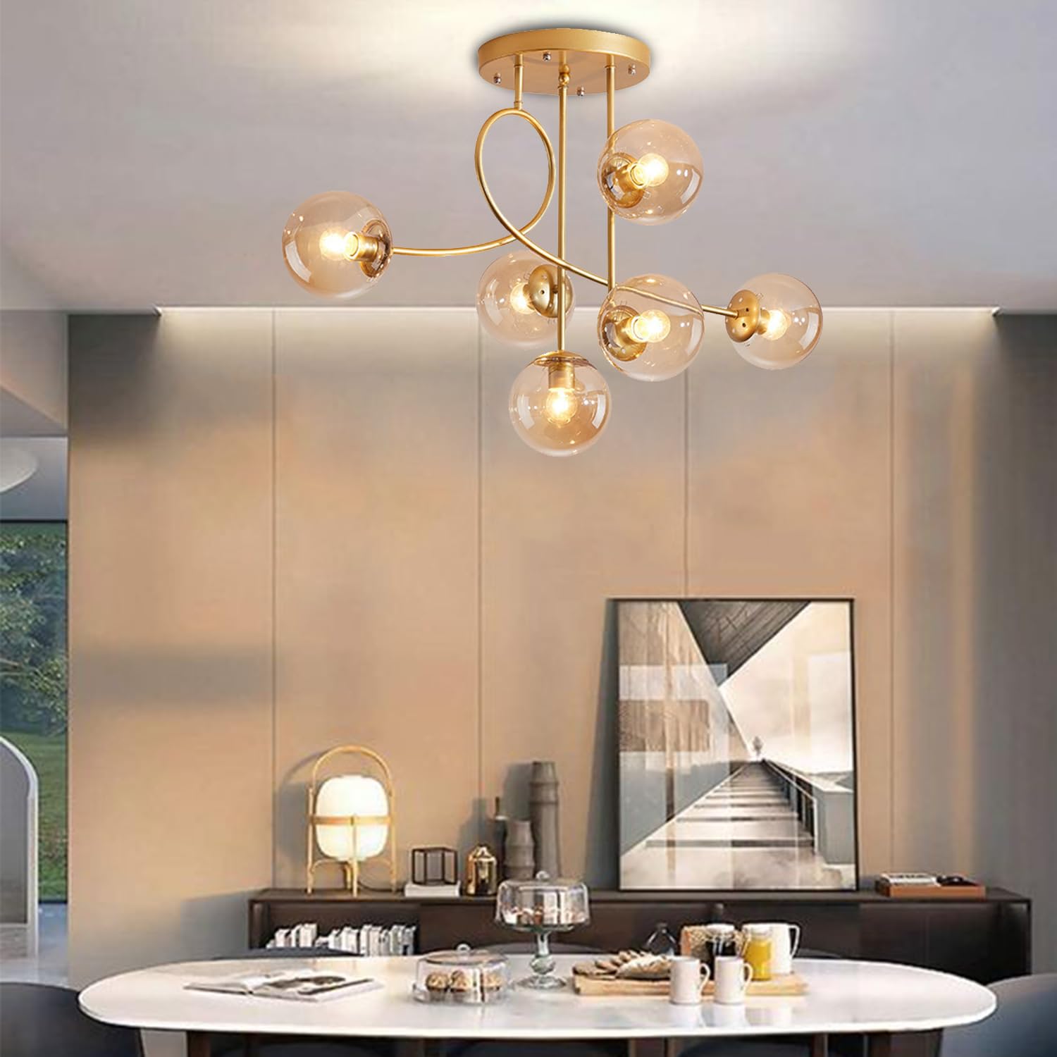 Lampadario moderno a soffitto E27 a 6 luci, lampadario a sospensione vintage in metallo con sfera di vetro E27 per camera da letto, soggiorno, cucina, loft, diametro 90 cm