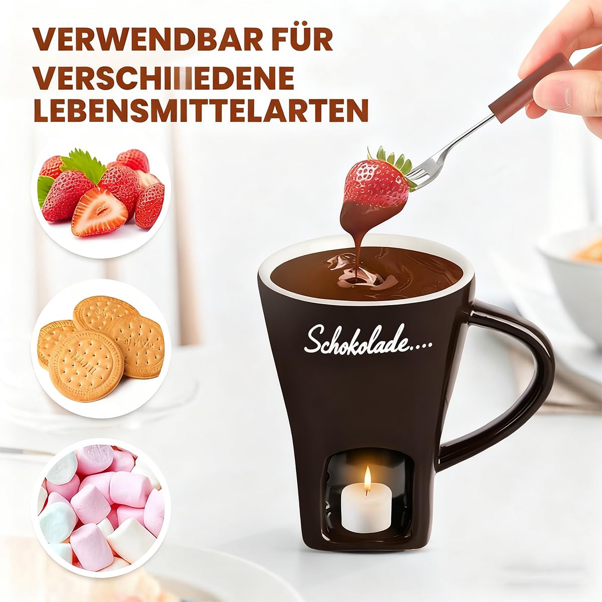 Schokoladenfondue Tasse, Fondue Tasse mit Teelicht und Gabel, Keramik Schoko Fondue Tassen, Tasse mit Teelicht Schokolade, für Käse, Schokolade, Butter und Karamell (Red)