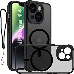 USTIYA Magnética Capa para iPhone 14 6,1 polegadas Case Matte Acrílico Uso Resistente Protetora de Câmera Capinha Acessórios para Celular com Cordão Preto FGCX