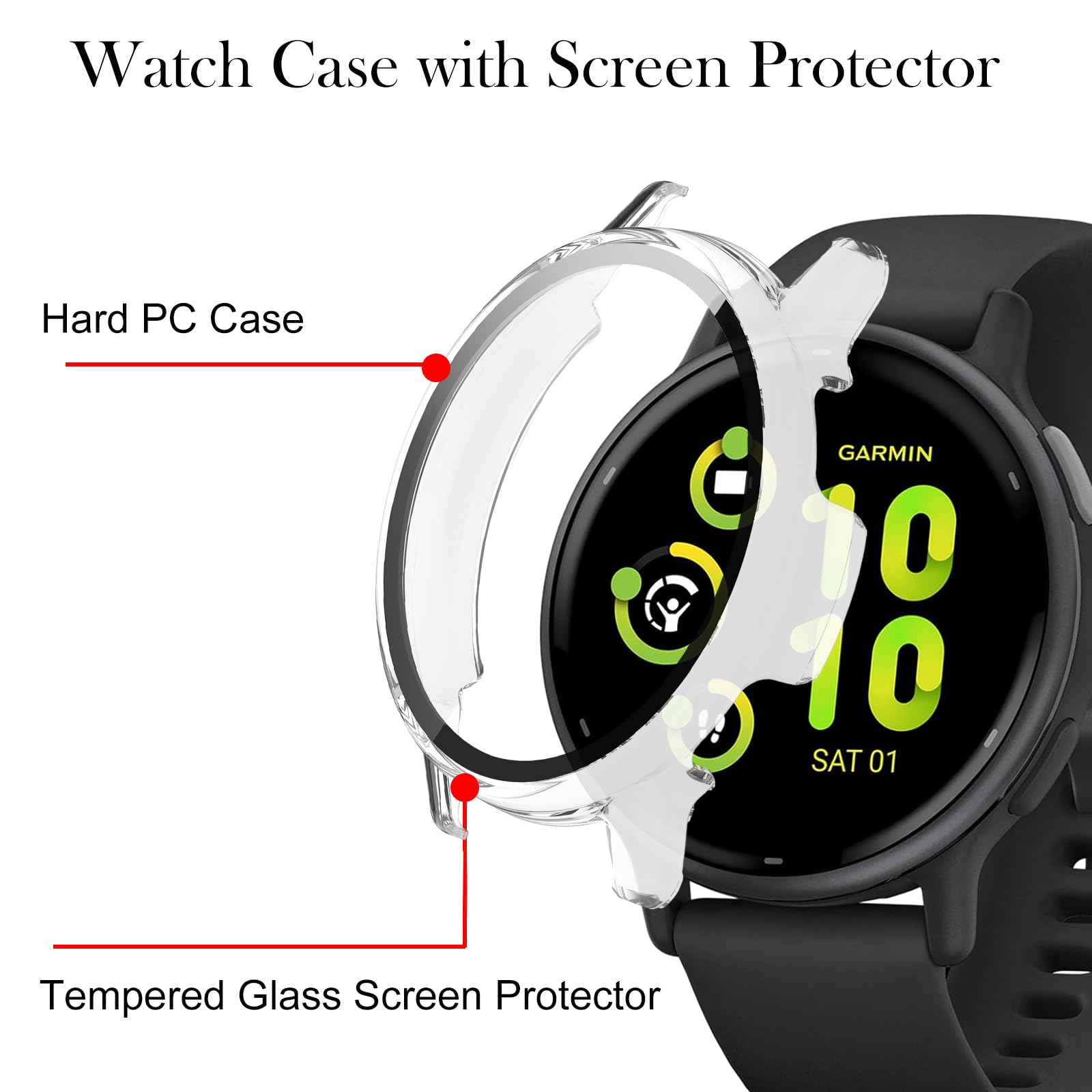 KZIOACSH Case with Screen Protector for Garmin Vivoactive 5,2 Pack Ultra Slim Full Coverage Hard PC Proctective Case Lightweight Shockproof Anti-Scratch Bumper Cover with Tempered Glass,Clear+Green - Image 3