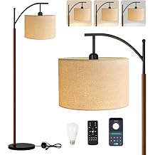 ILLMTW Arc Floor Lamp for Living Room,Bedroom,Vintage Mid Century Modern Standing Lamp with Remote Dimmable,Wood Boho Black Tall Lamp Fabric Lamp Shade Floor Lights Bohemian Tiffany Style
