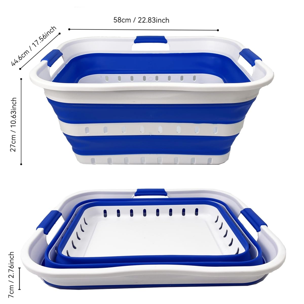 SAMMART Panier à linge pliable en plastique de 42 l - Panier de rangement pliable - Panier à linge portable - Peu encombrant (1, blanc/bleu foncé)