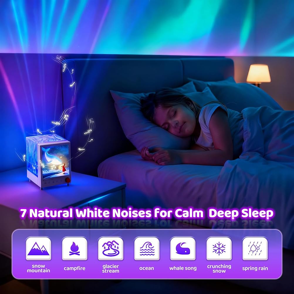 AoLa Proyector de cielo estrellado niños, proyector LED Aurora con 7 efectos de luz y 7 luces nocturnas de ruido blanco luz de fiesta Galaxy para niños con música Bluetooth lámpara de aurora boreal