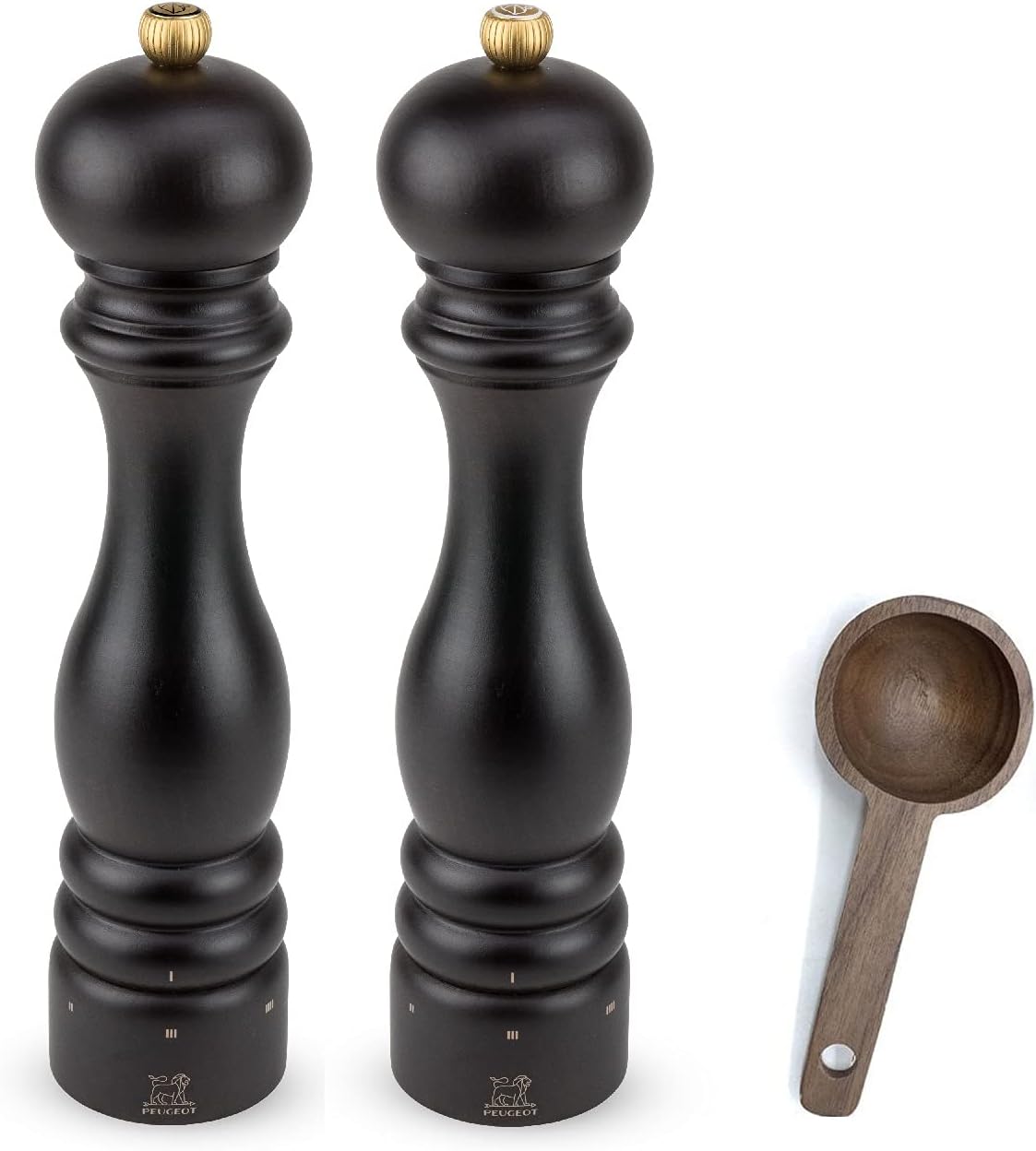 Paris u'Select 6 Setting Manual beechwood Salt & Pepper Mill Set With Wooden Spice Scoop Made In France (Chocolate, 10.75- Inch)