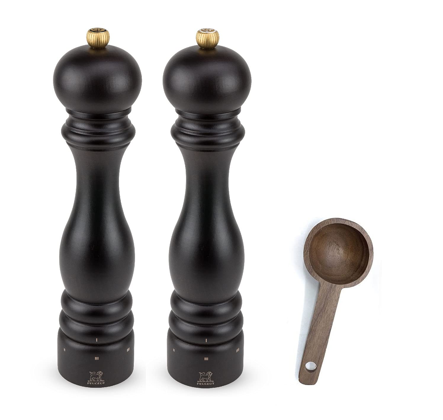PeugeotParis u'Select 6 Setting Manual beechwood Salt & Pepper Mill Set With Wooden Spice Scoop Made In France (Chocolate, 10.75- Inch)