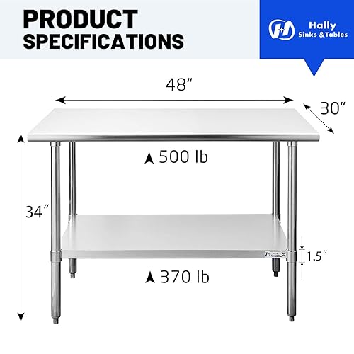 Miniatura 3 de Hally - Mesa de trabajo y estudio de acero inoxidable de 30 x 48 pulgadas, mesa comercial con certificación NSF de gran resistencia con estante
