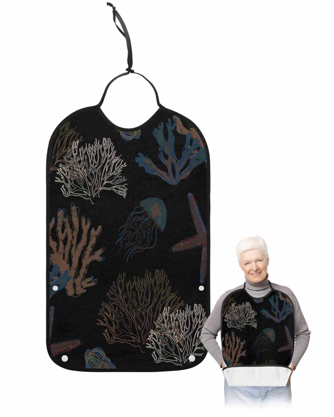 LEOKOTI Black Coral Coastal Adult Bibs for Eating, Waterproof Bibs with Food Catcher & Adjustable Snap Closure, Nautical Starfish Summer Beach Washable Clothing Protectors Adult Bibs for Elderly